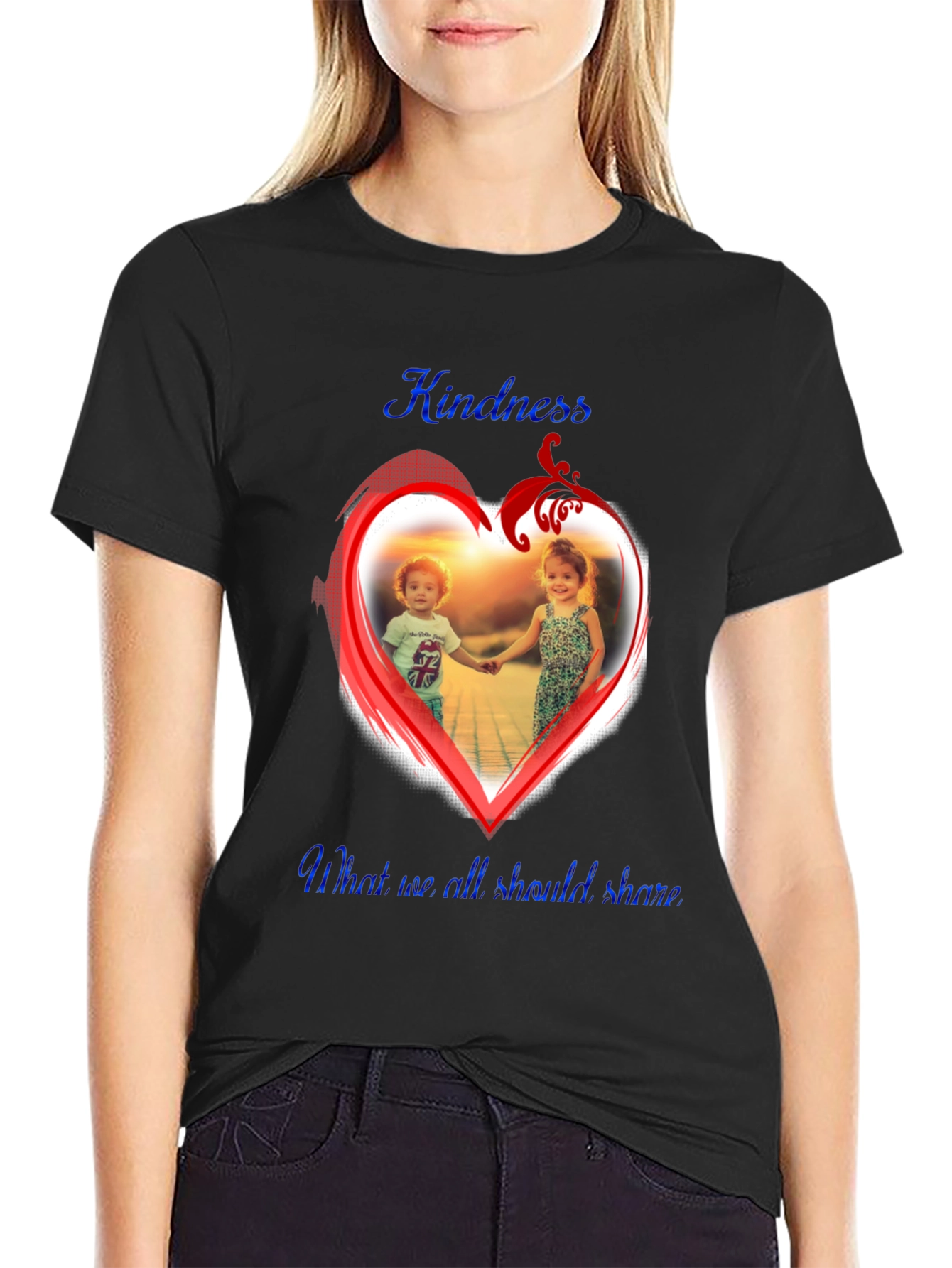 Kindness Share Black T-Shirt With Heart Graphic