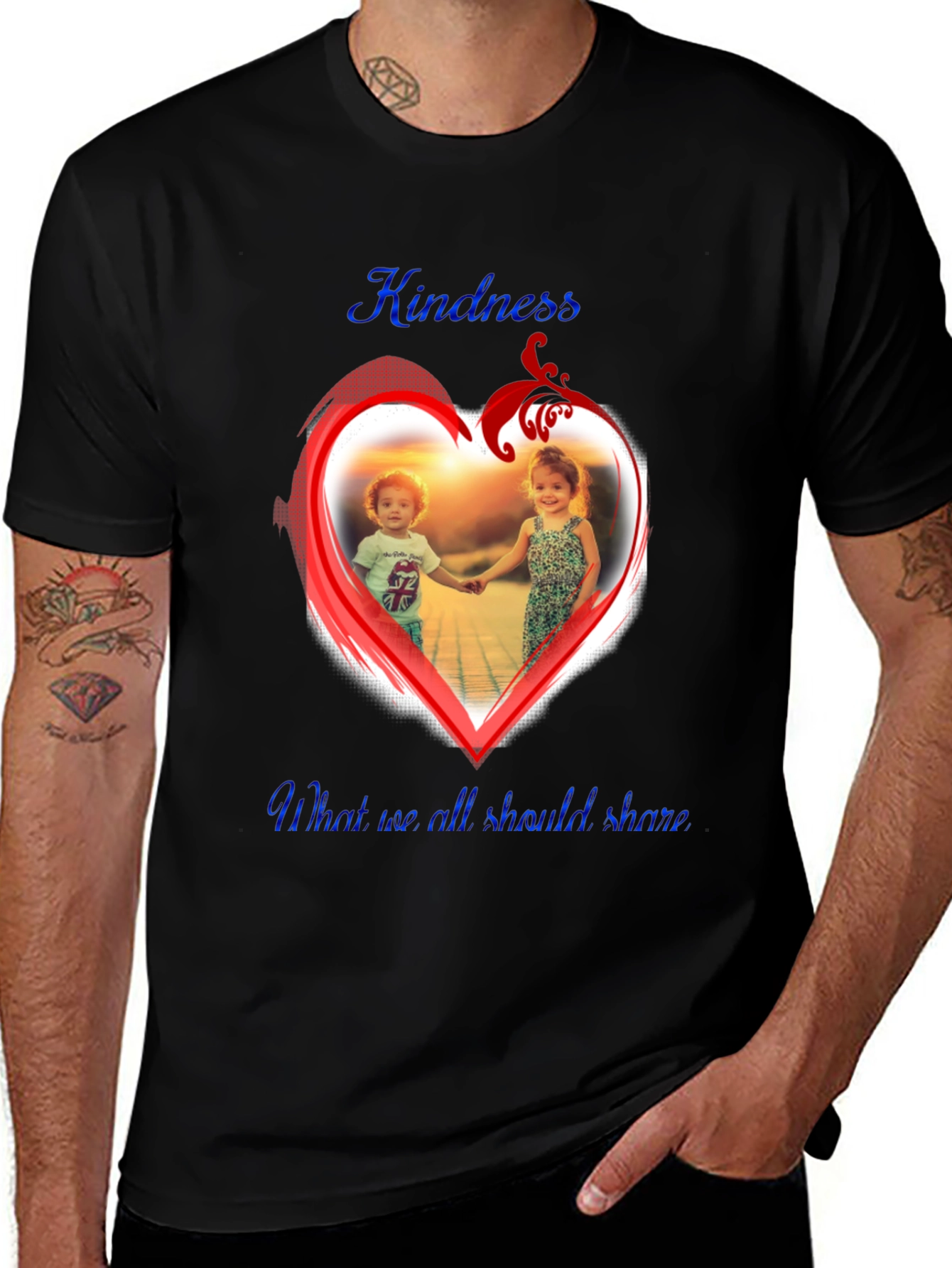Kindness Share Black T-Shirt With Heart Graphic