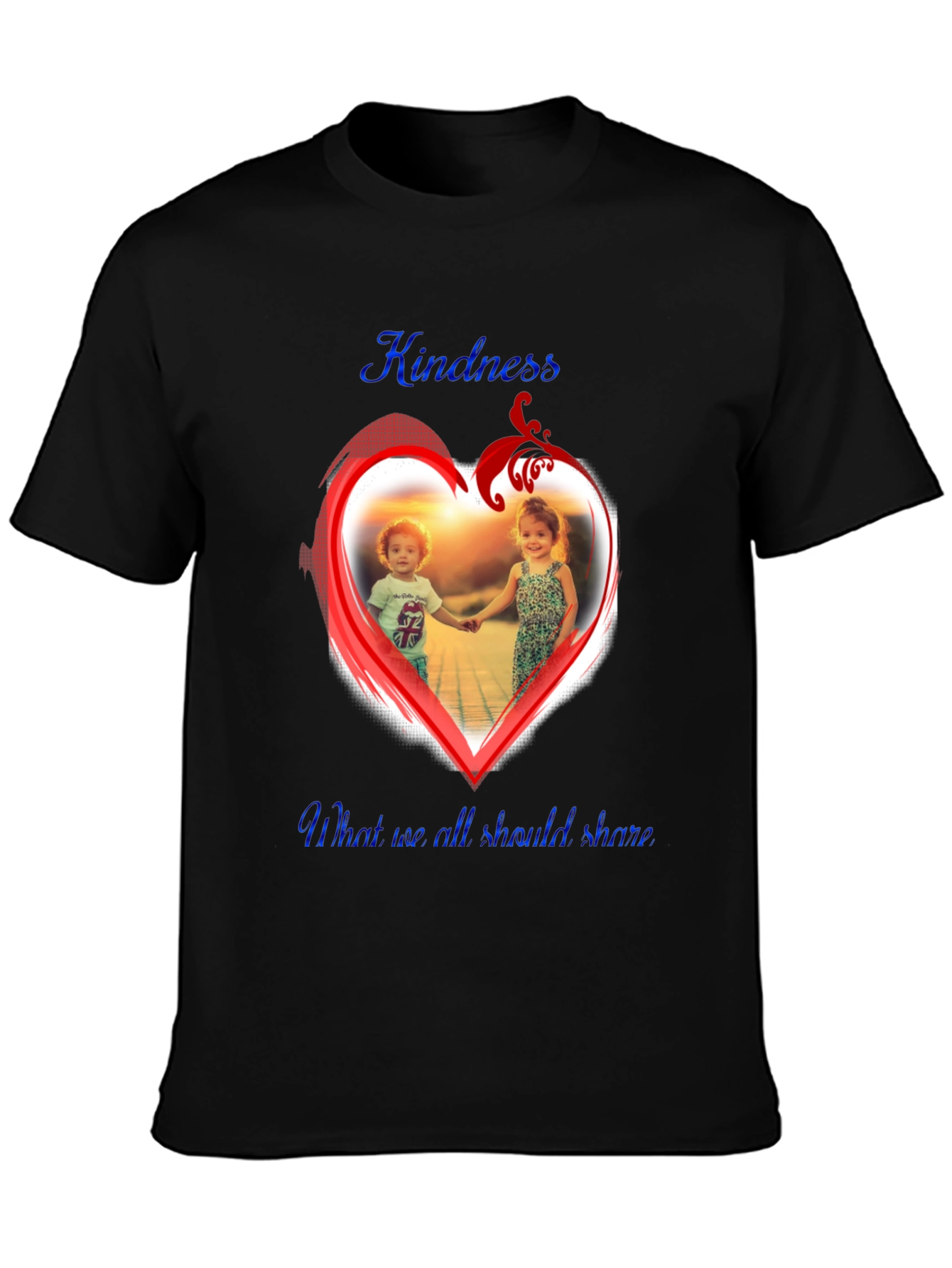 Kindness Share Black T-Shirt With Heart Graphic