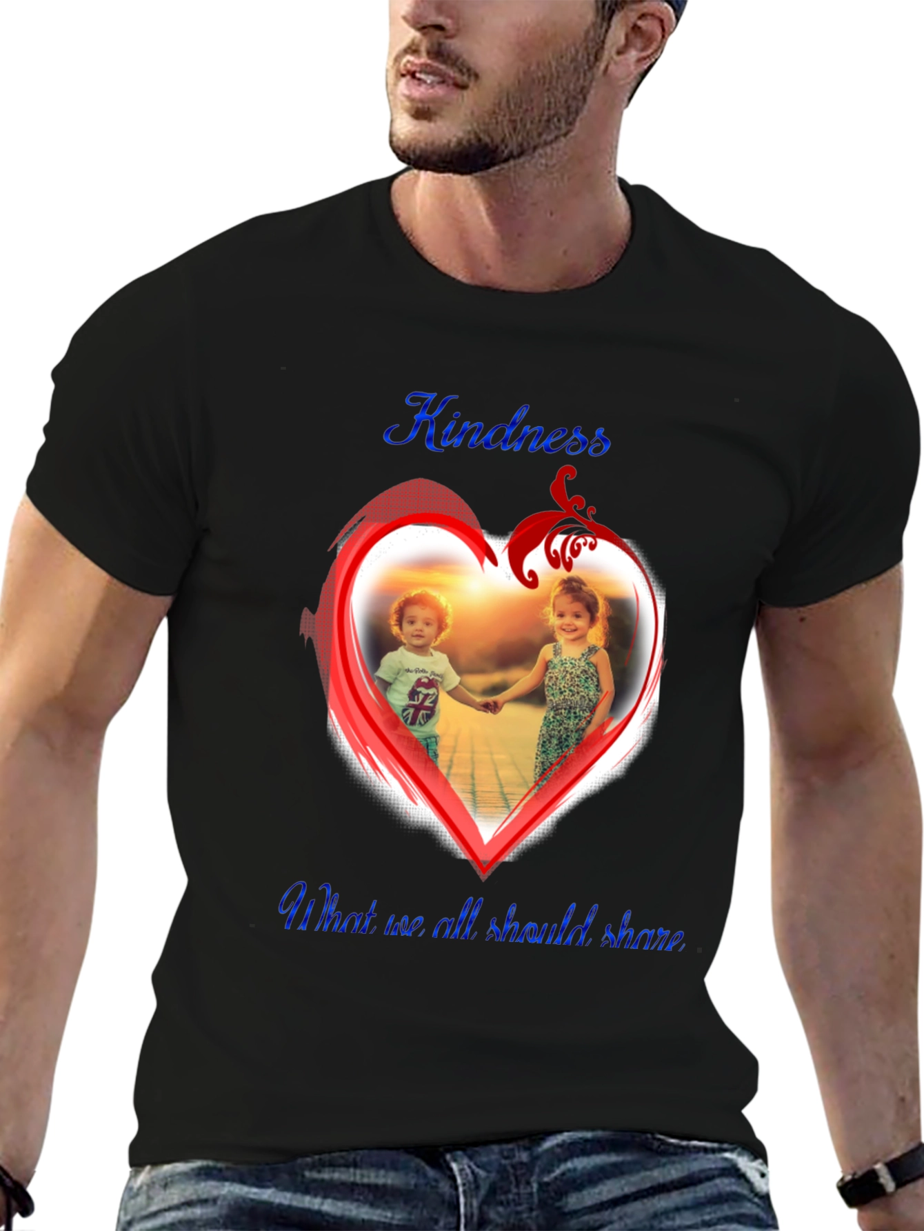 Kindness Share Black T-Shirt With Heart Graphic