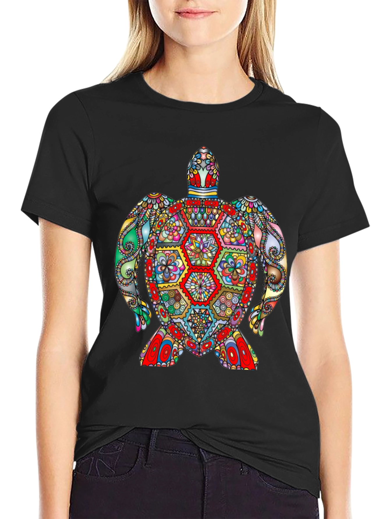 Vibrant Turtle Graphic Tee - Black Cotton T-Shirt