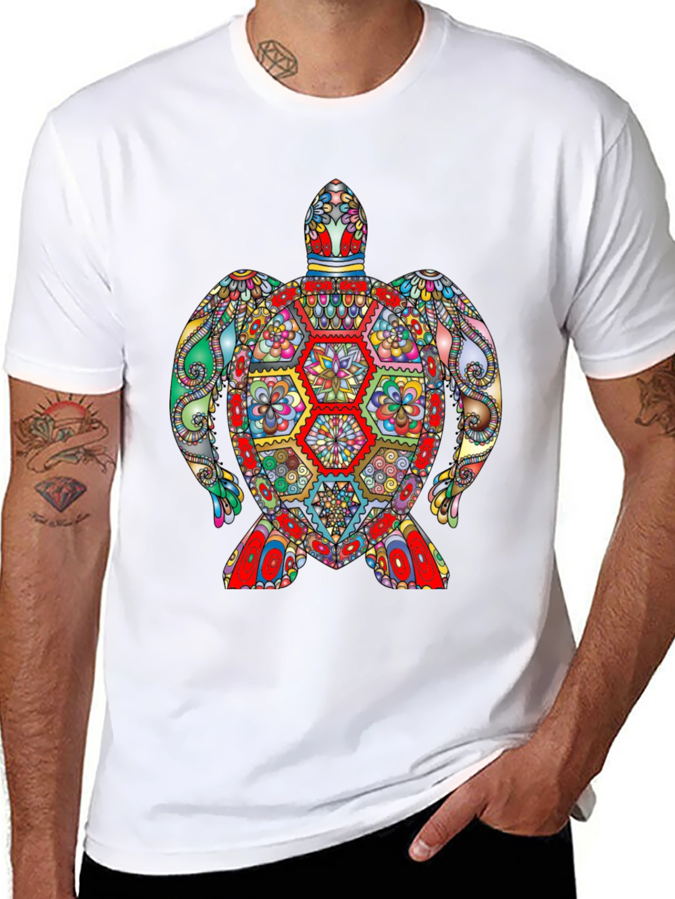 Vibrant Turtle Graphic Tee - Black Cotton T-Shirt