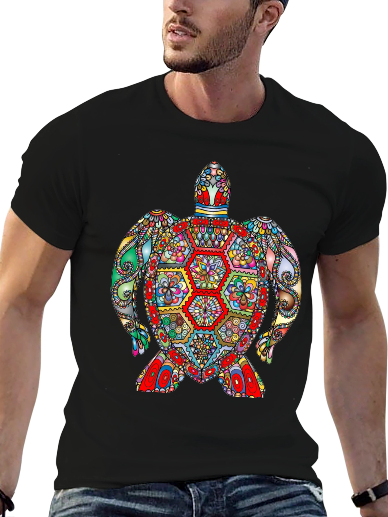 Vibrant Turtle Graphic Tee - Black Cotton T-Shirt
