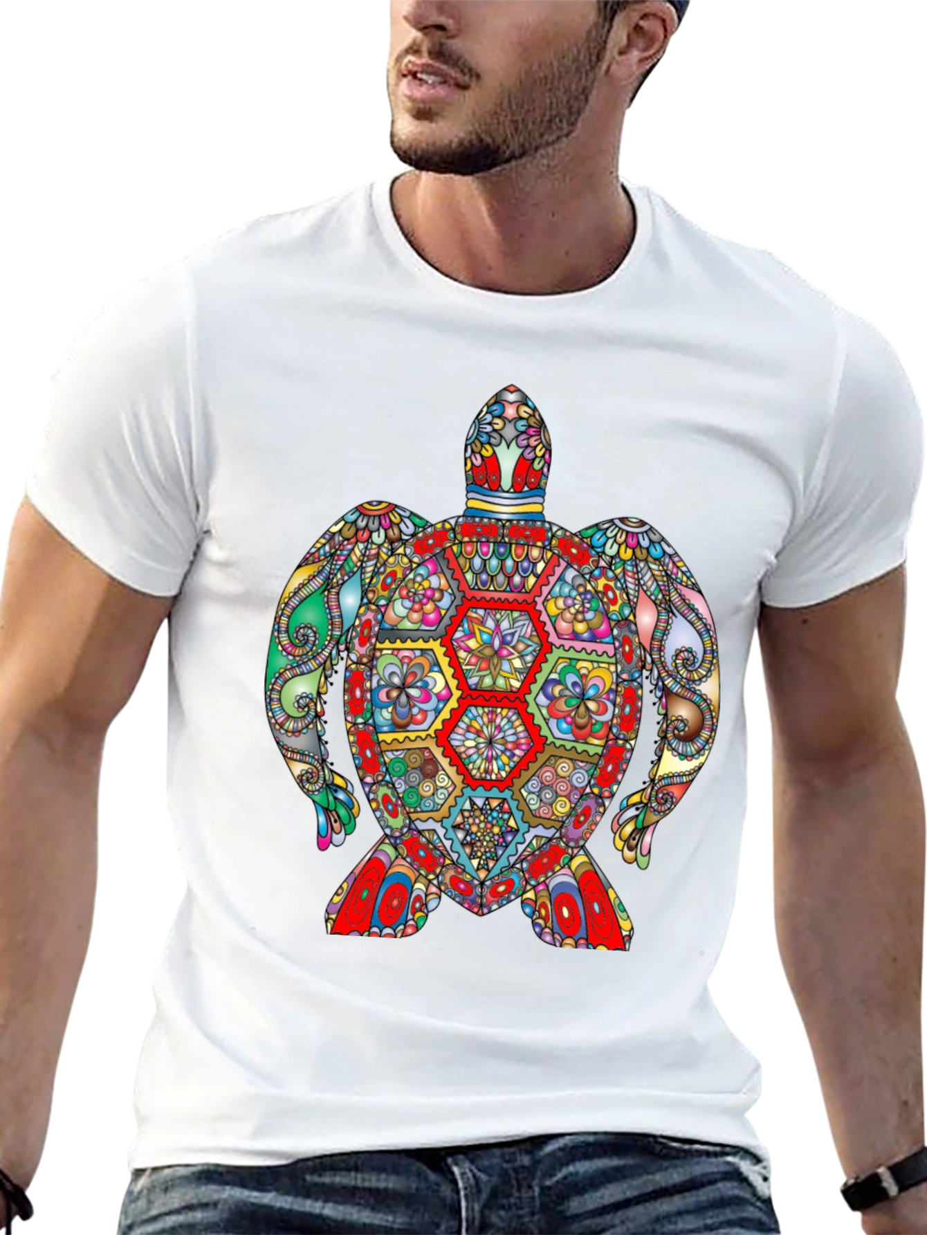 Vibrant Turtle Graphic Tee - Black Cotton T-Shirt