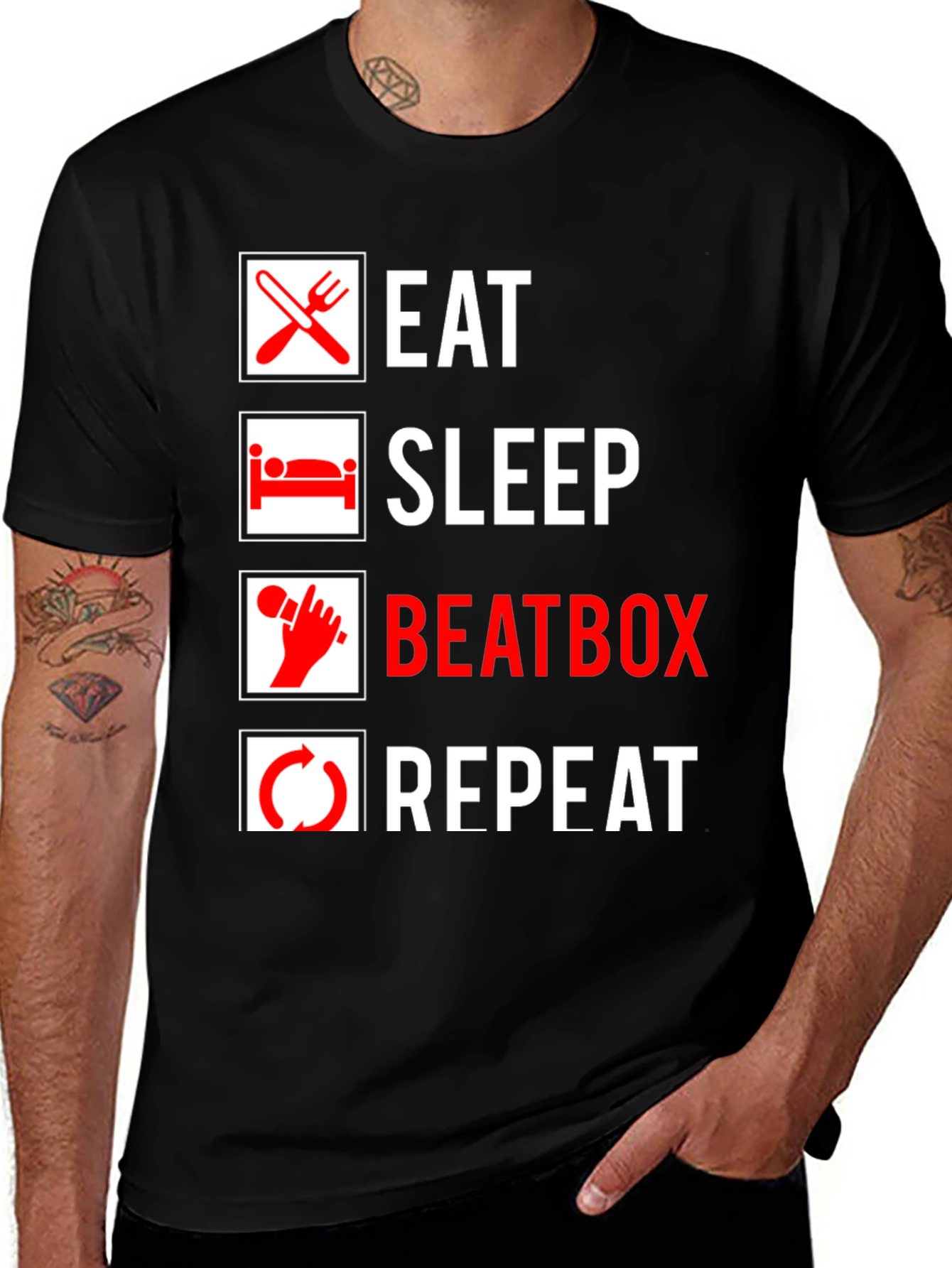 Eat Sleep Beatbox Repeat Black Graphic T-Shirt