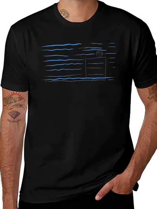 Abstract Blue Line Pattern Black T-Shirt
