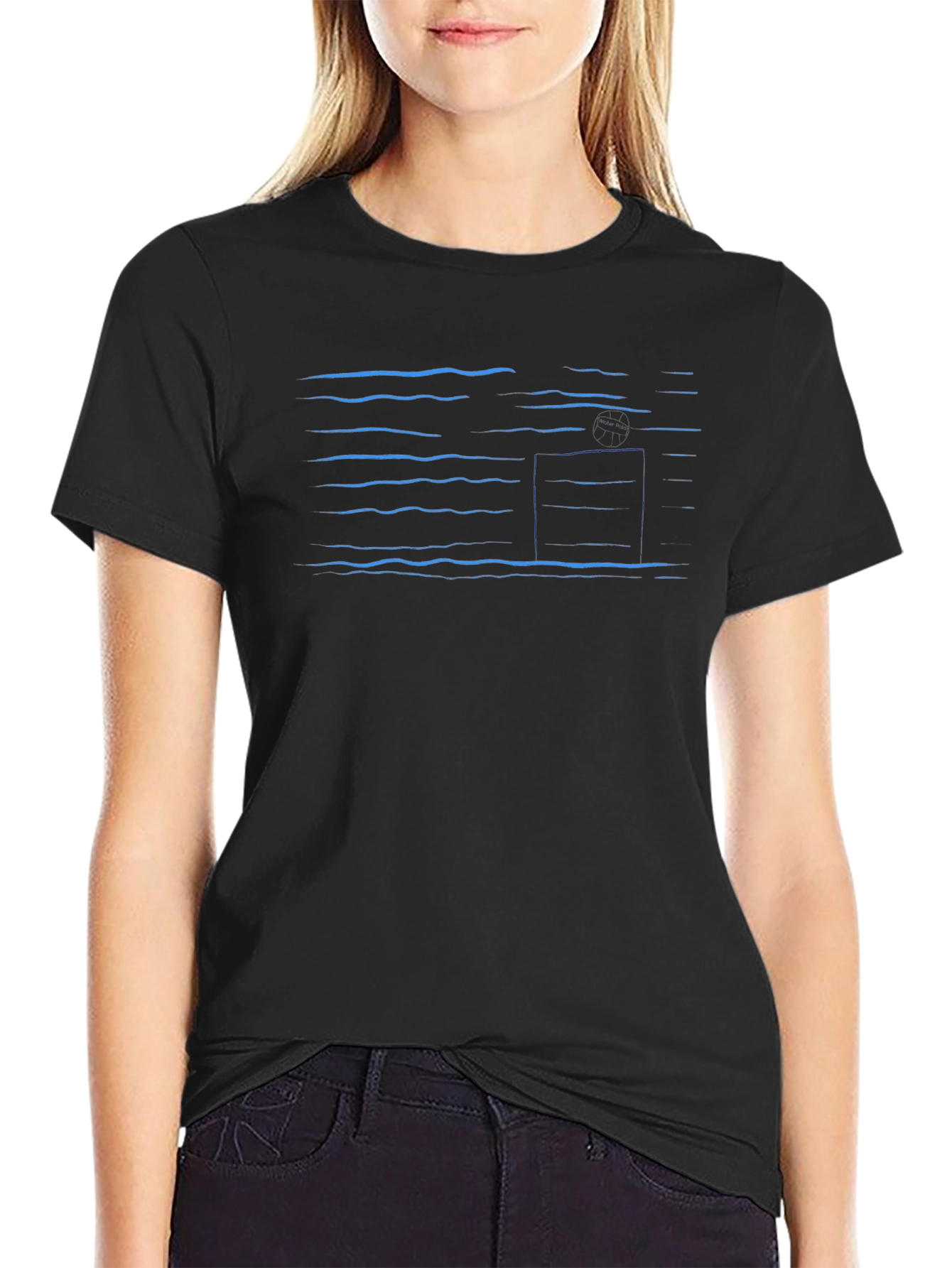 Abstract Blue Line Pattern Black T-Shirt