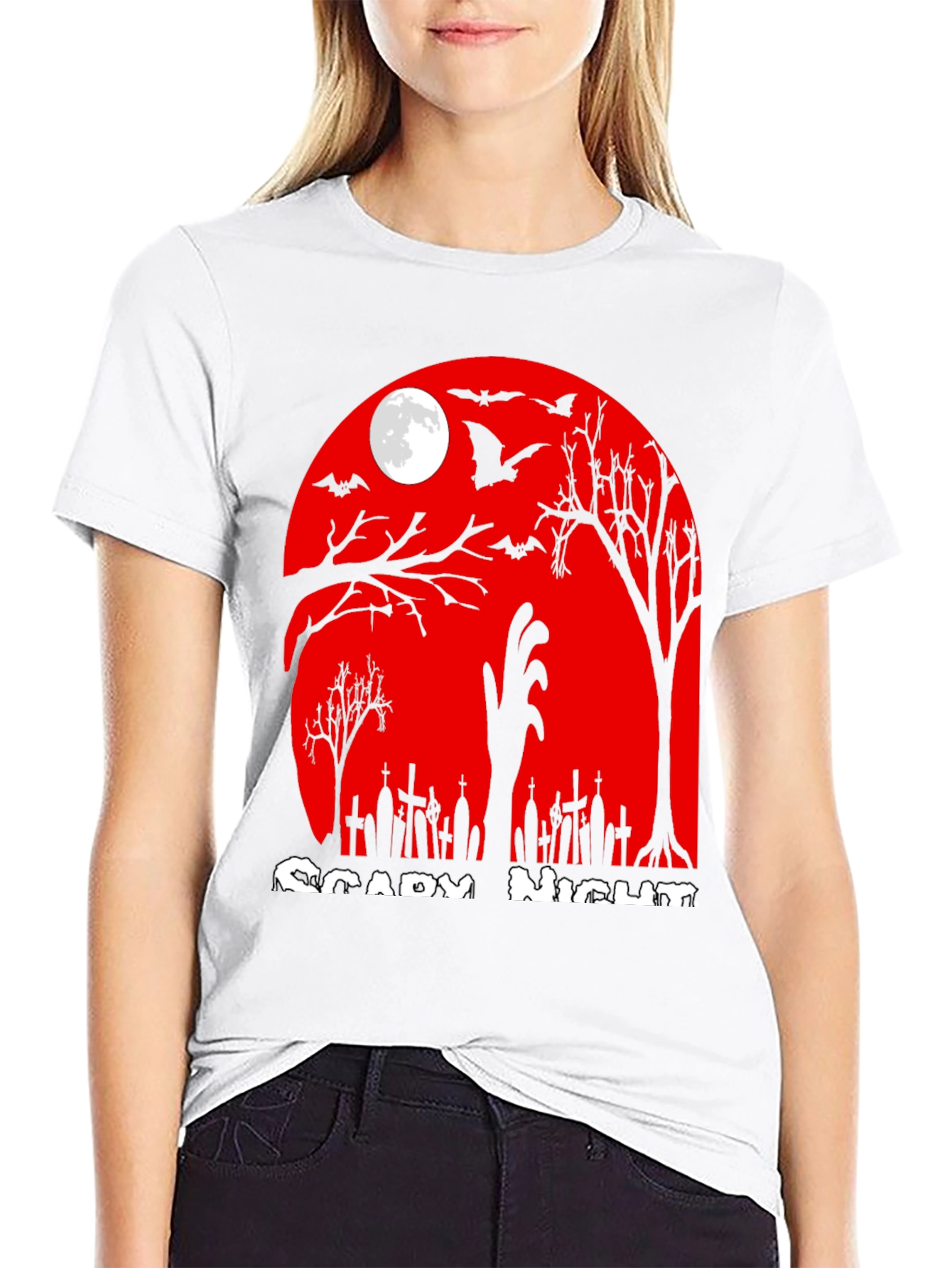 Scary Night Halloween T-Shirt - Zombie Graveyard Design