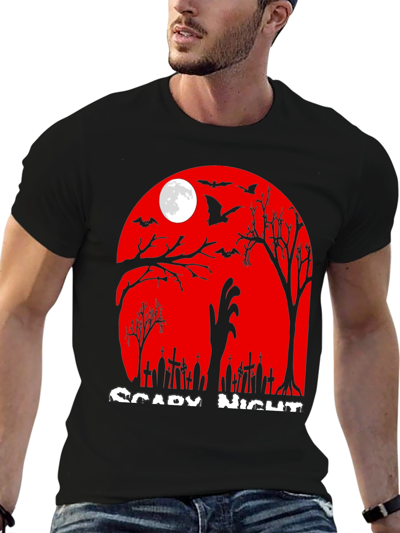 Scary Night Halloween T-Shirt - Zombie Graveyard Design
