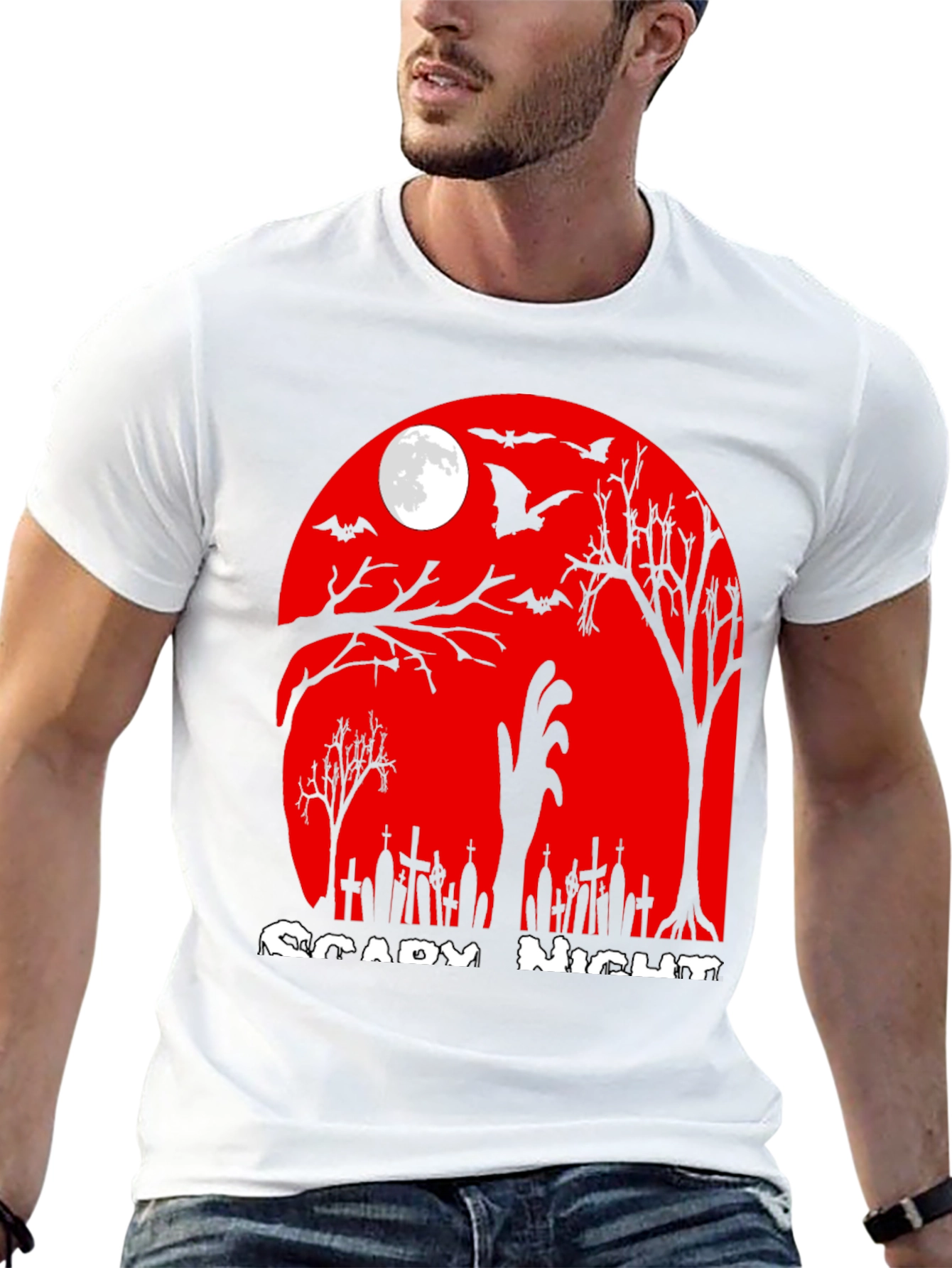 Scary Night Halloween T-Shirt - Zombie Graveyard Design
