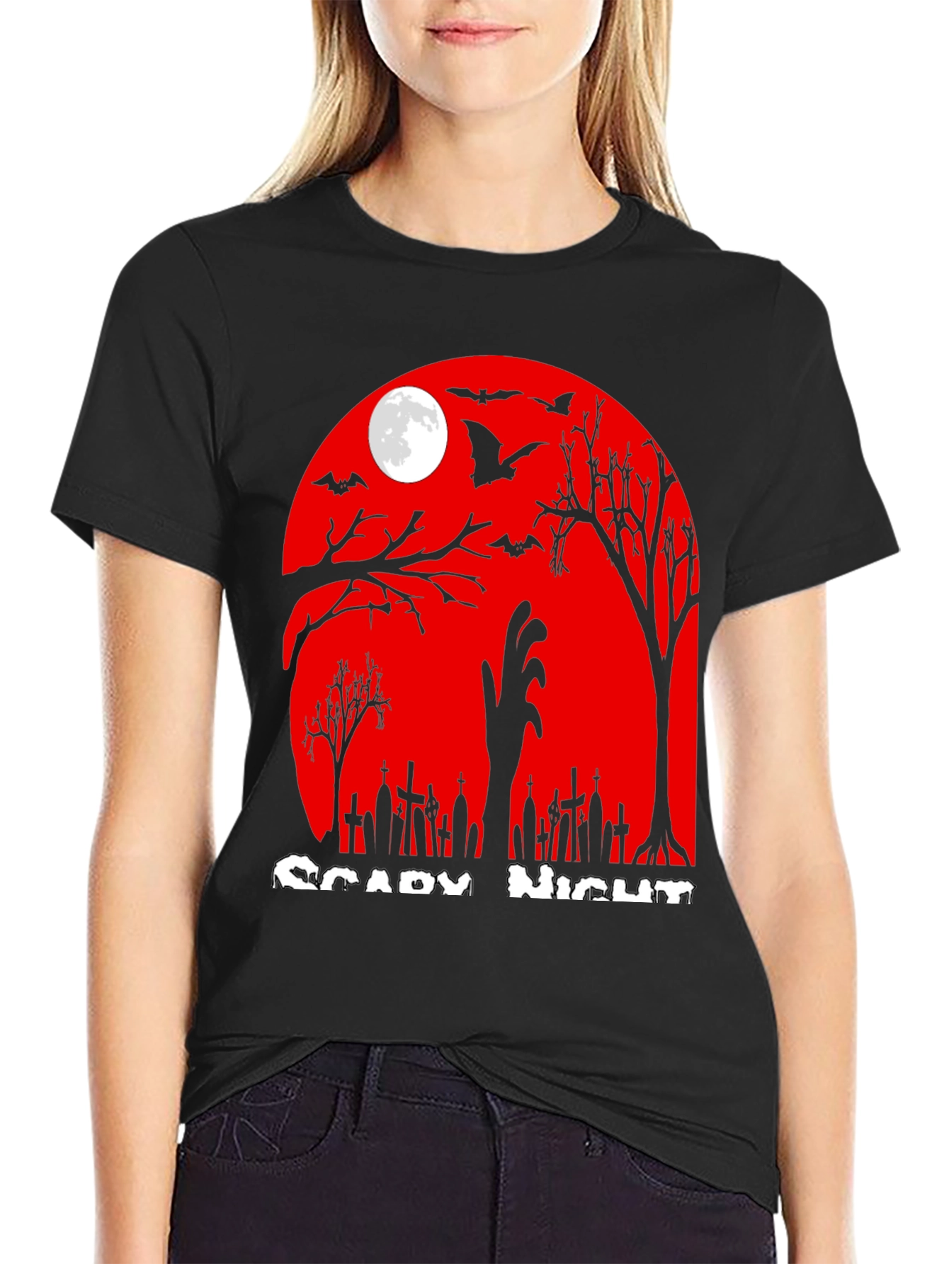 Scary Night Halloween T-Shirt - Zombie Graveyard Design