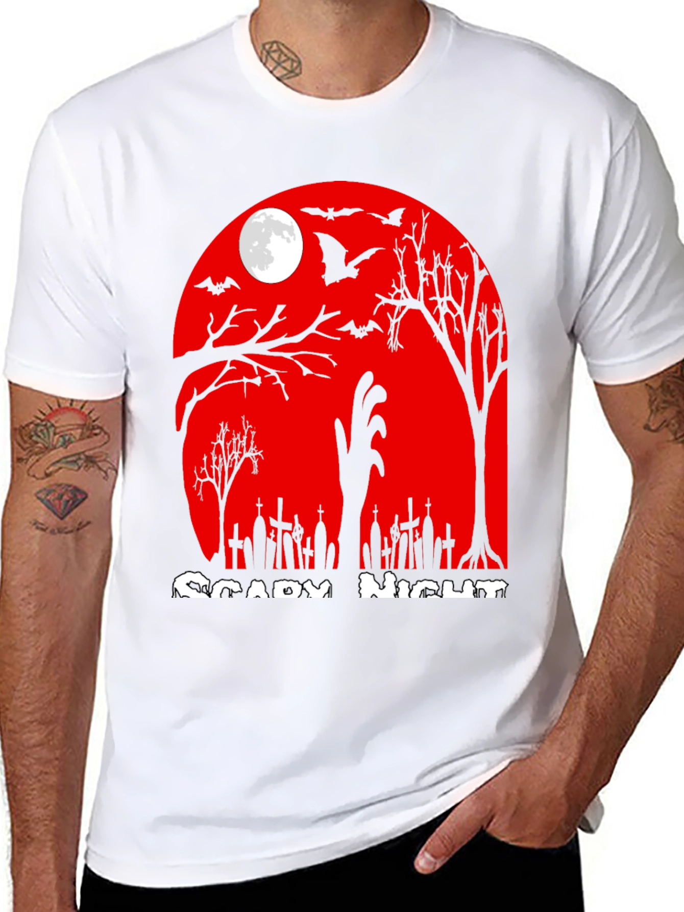 Scary Night Halloween T-Shirt - Zombie Graveyard Design