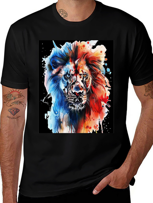 Lion Watercolor Graphic Tee - Black Cotton T-Shirt