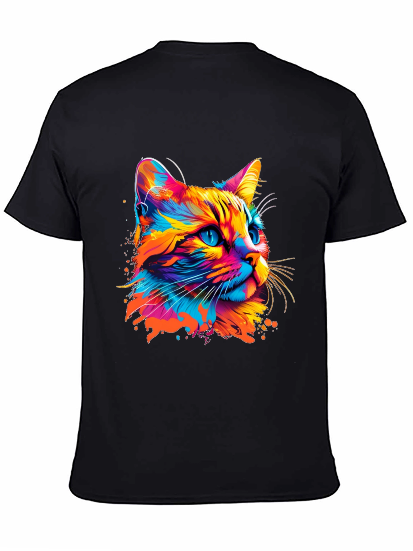 Vibrant Cat Graphic Print Black T-Shirt