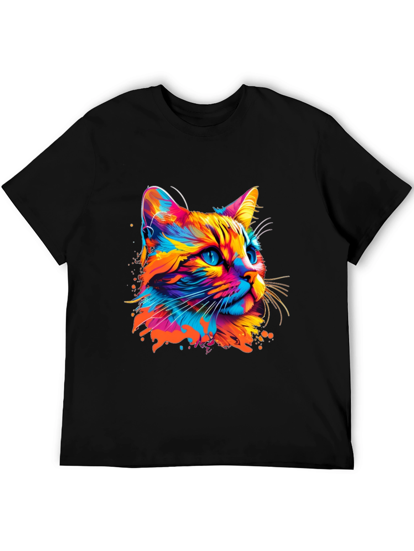 Vibrant Cat Graphic Print Black T-Shirt