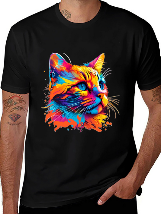 Vibrant Cat Graphic Print Black T-Shirt