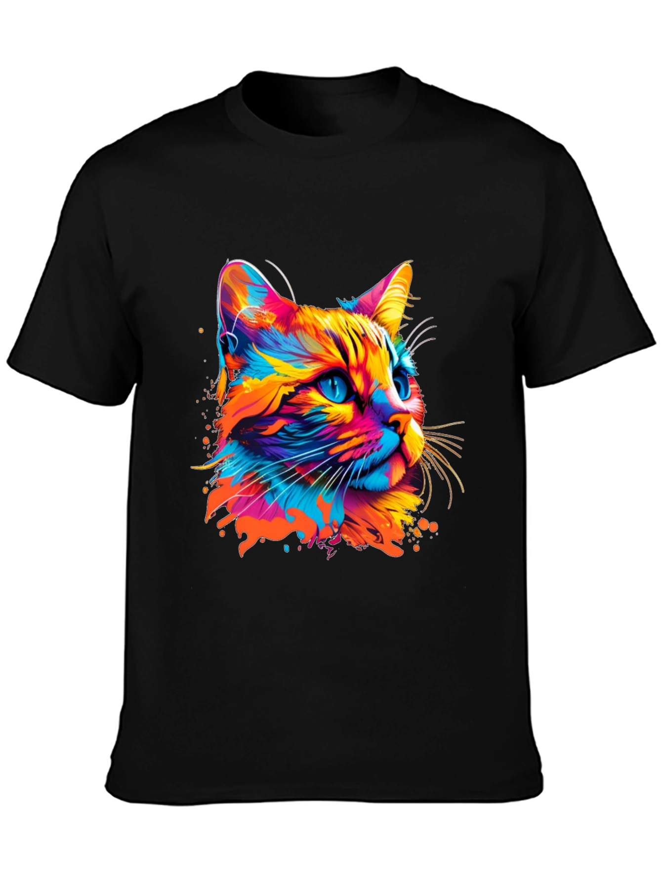 Vibrant Cat Graphic Print Black T-Shirt