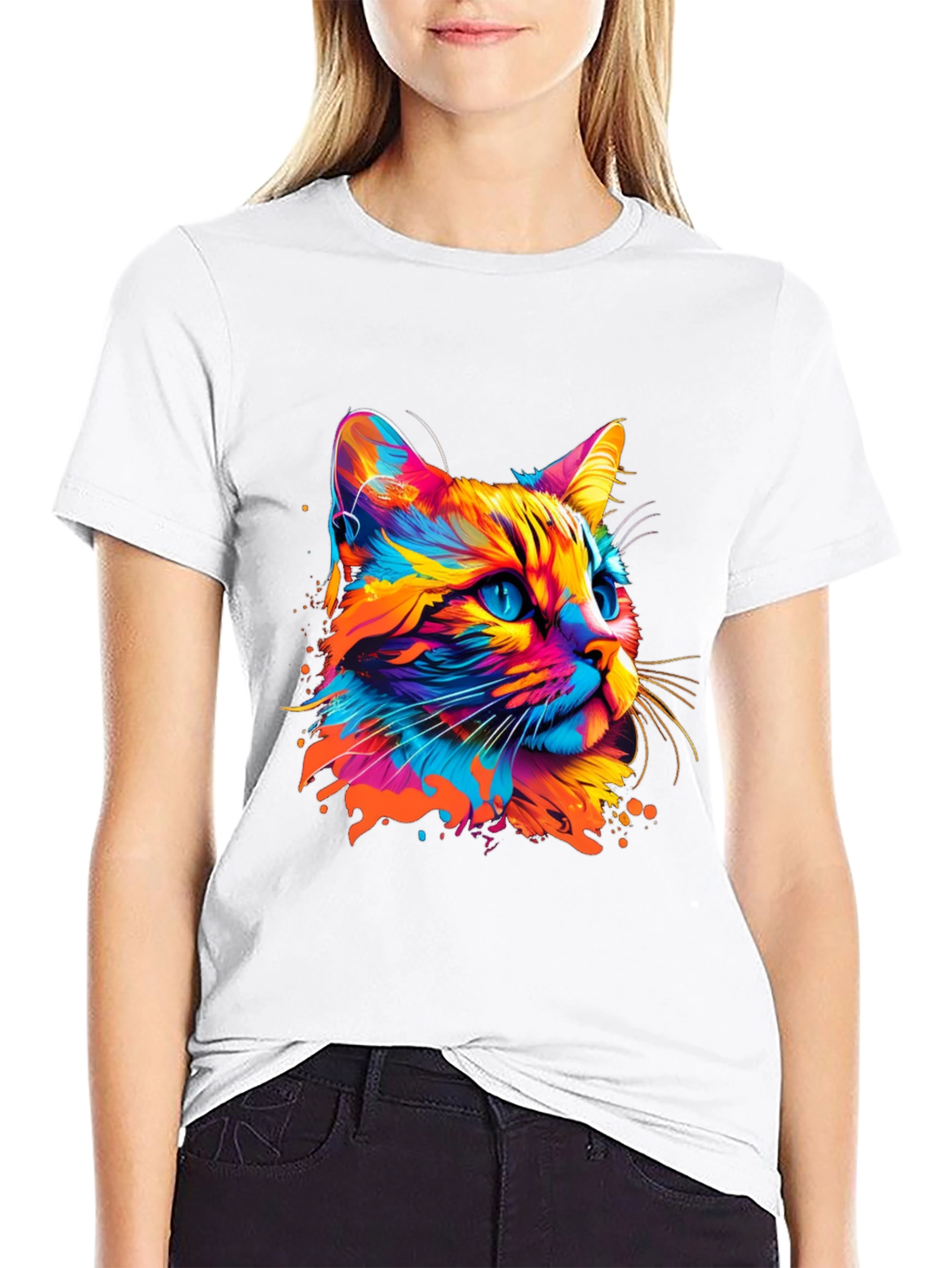 Vibrant Cat Graphic Print Black T-Shirt