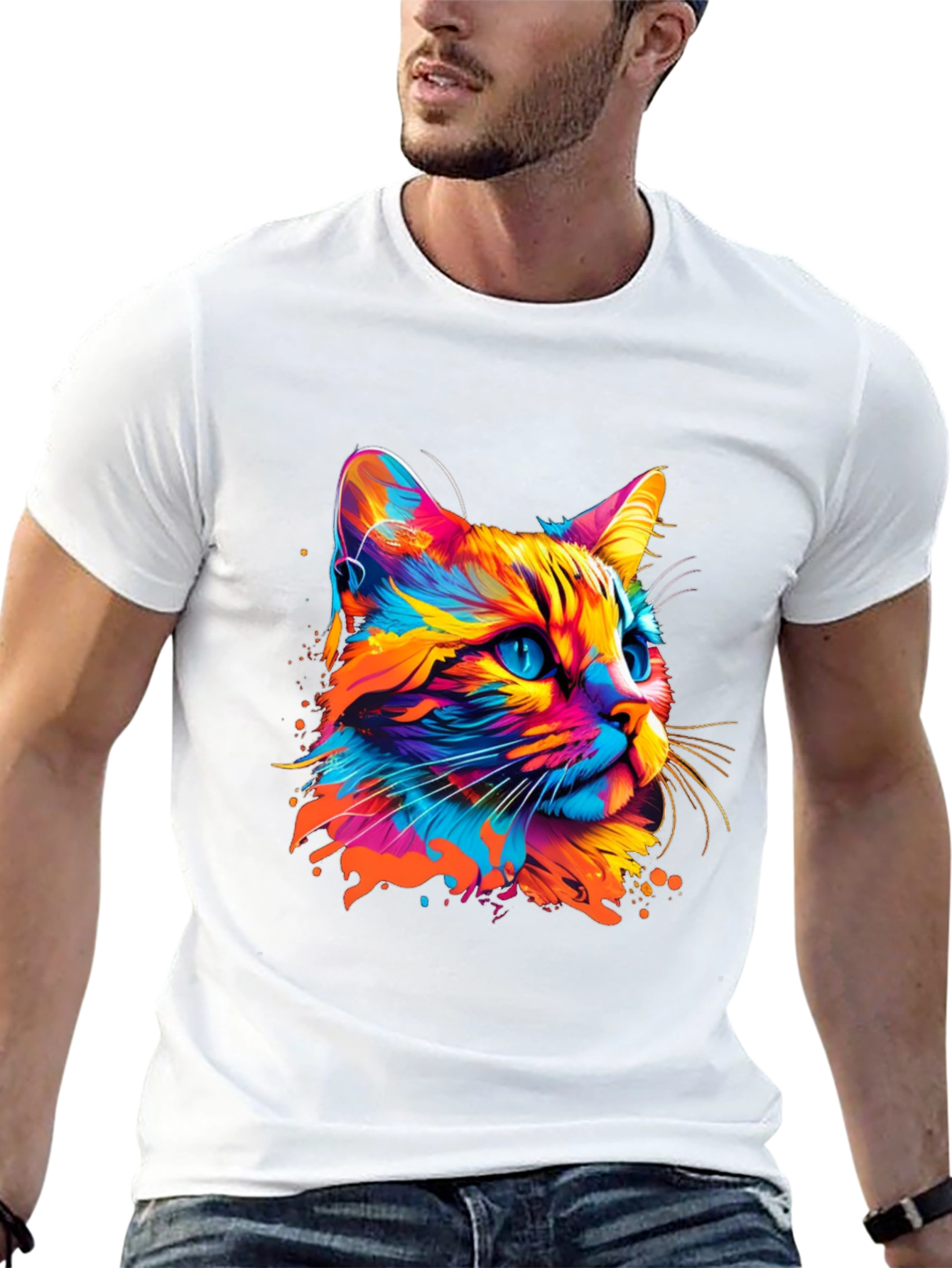Vibrant Cat Graphic Print Black T-Shirt
