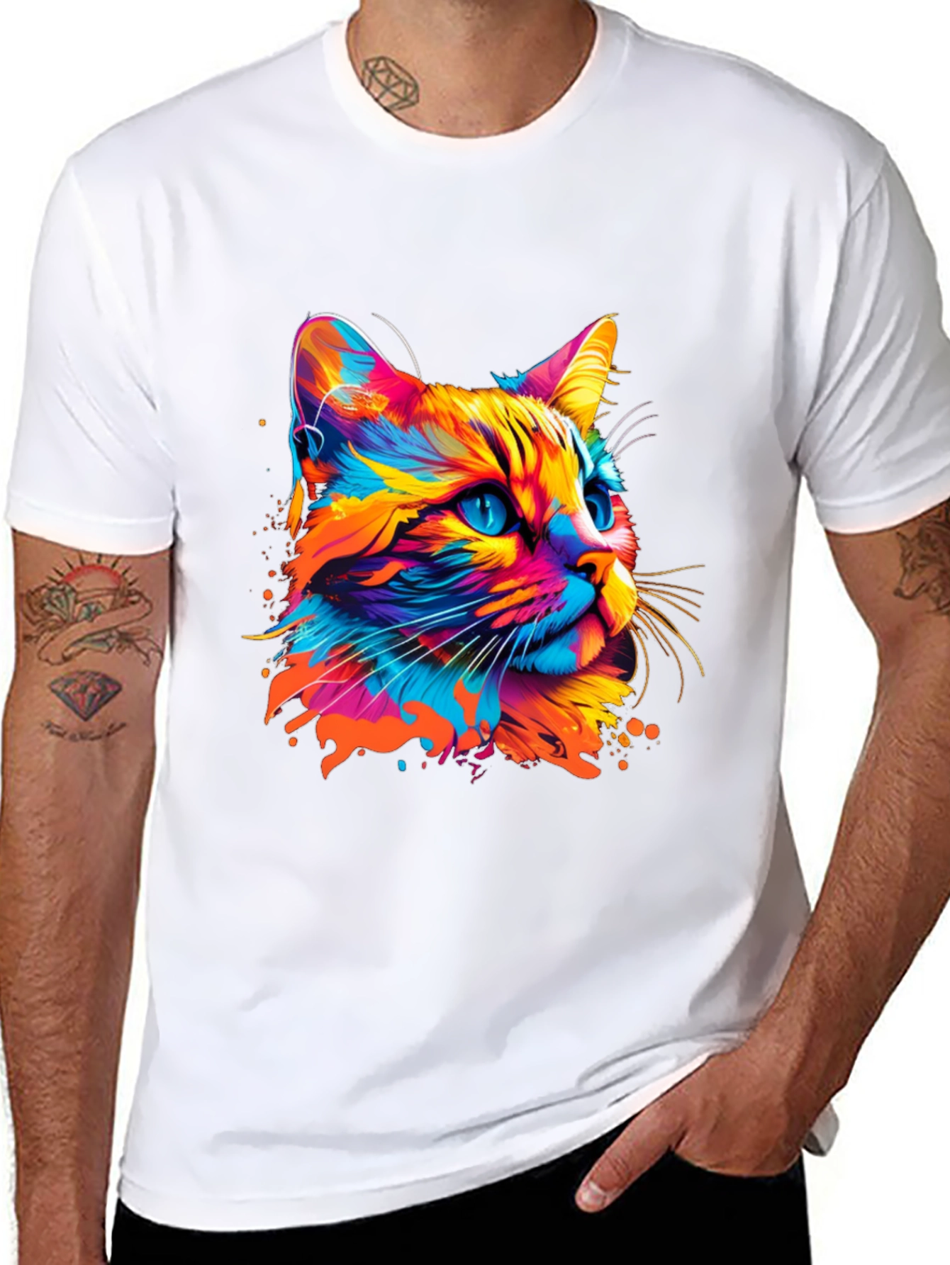 Vibrant Cat Graphic Print Black T-Shirt