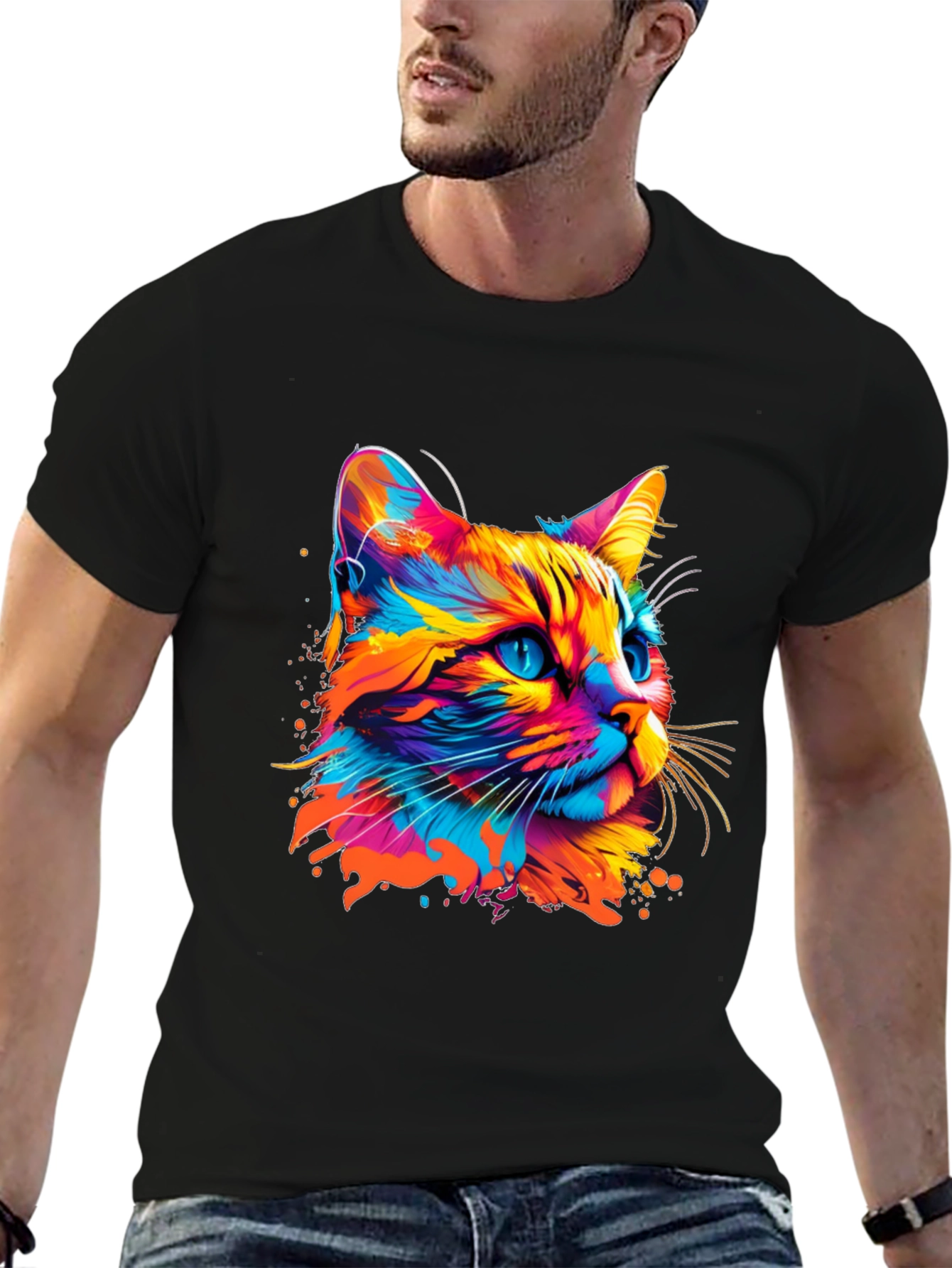 Vibrant Cat Graphic Print Black T-Shirt