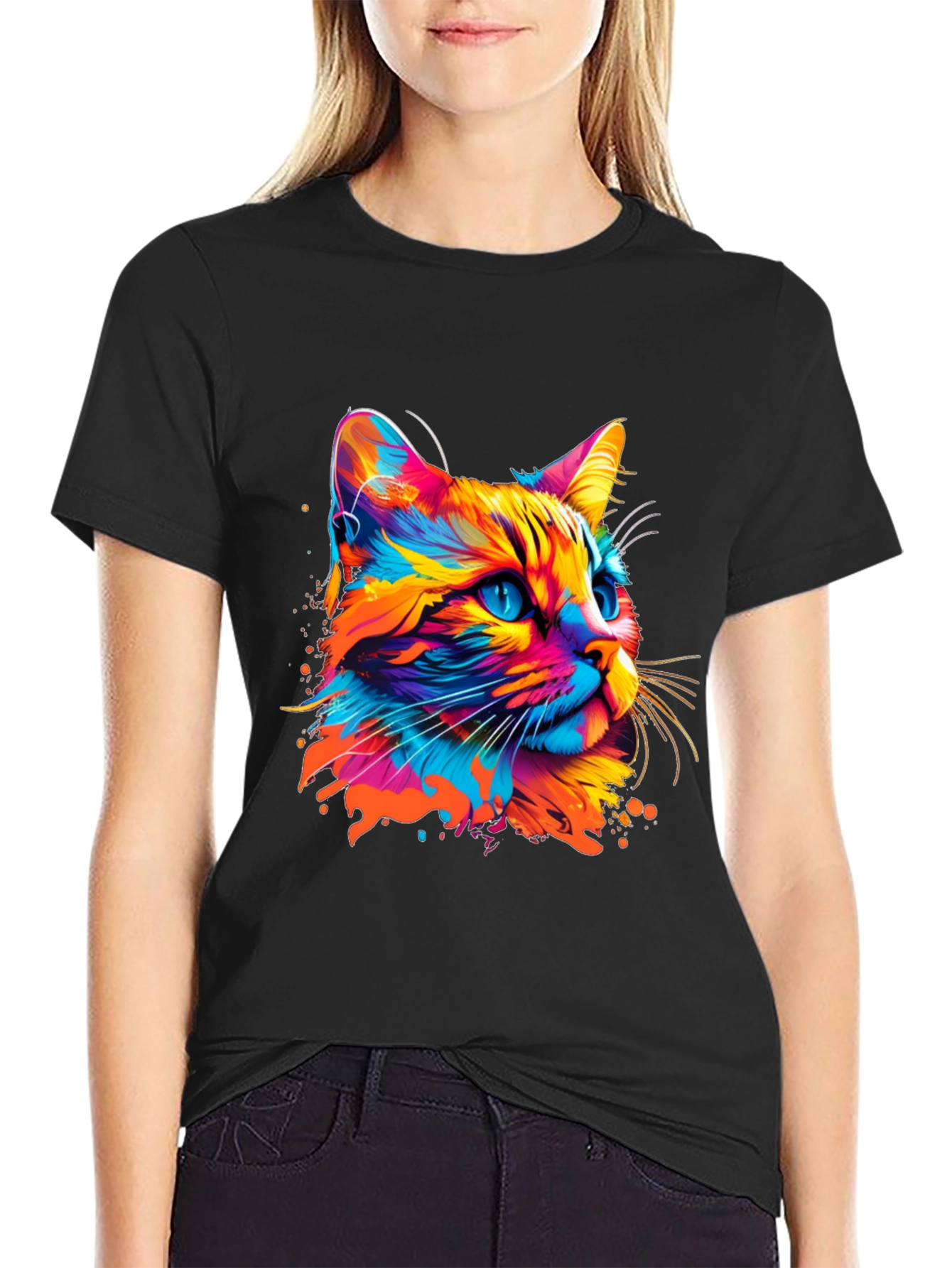 Vibrant Cat Graphic Print Black T-Shirt