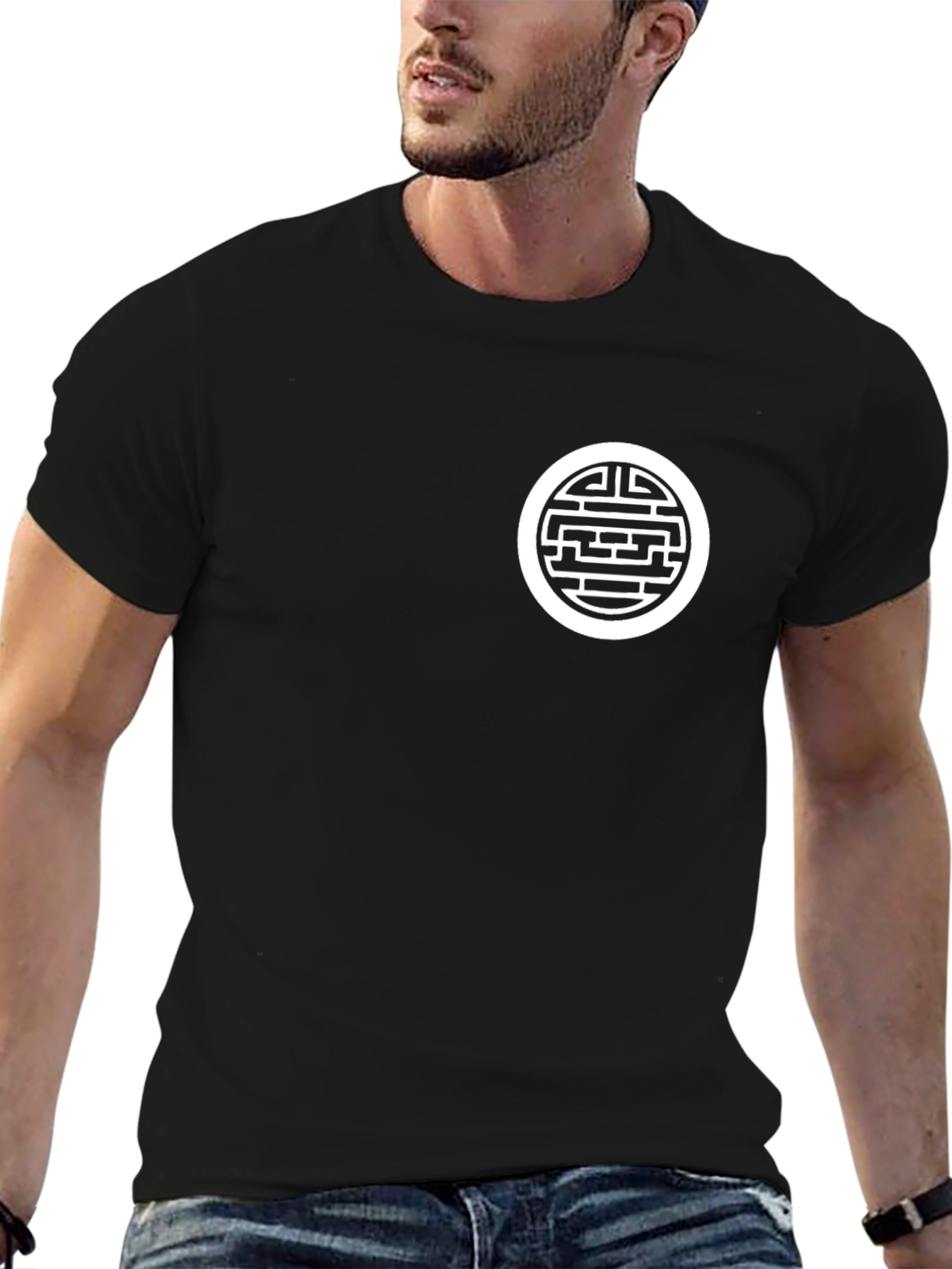 Mens Black T-Shirt with Circular Maze Design