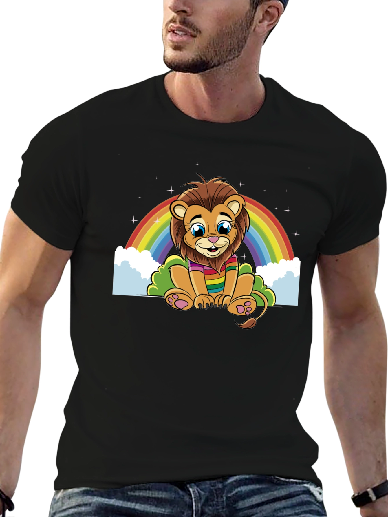 Rainbow Lion Graphic Tee - Soft Black Cotton Blend