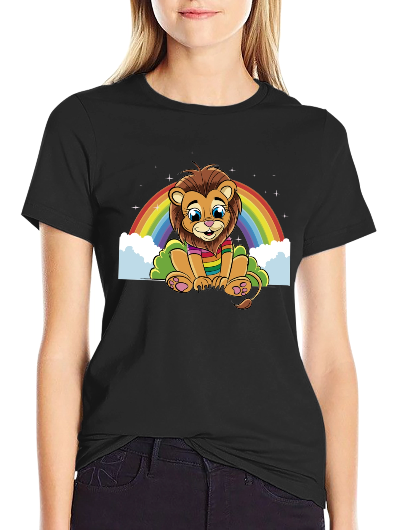 Rainbow Lion Graphic Tee - Soft Black Cotton Blend