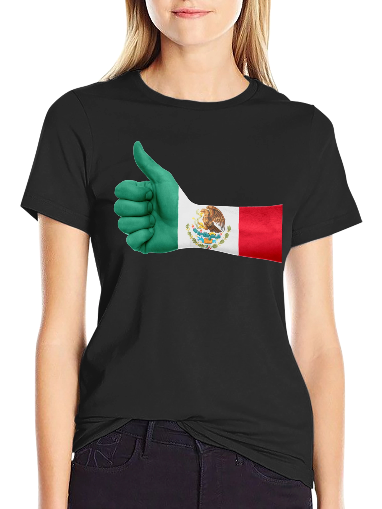 Mexico Flag Thumbs Up T-Shirt - Black Cotton Tee