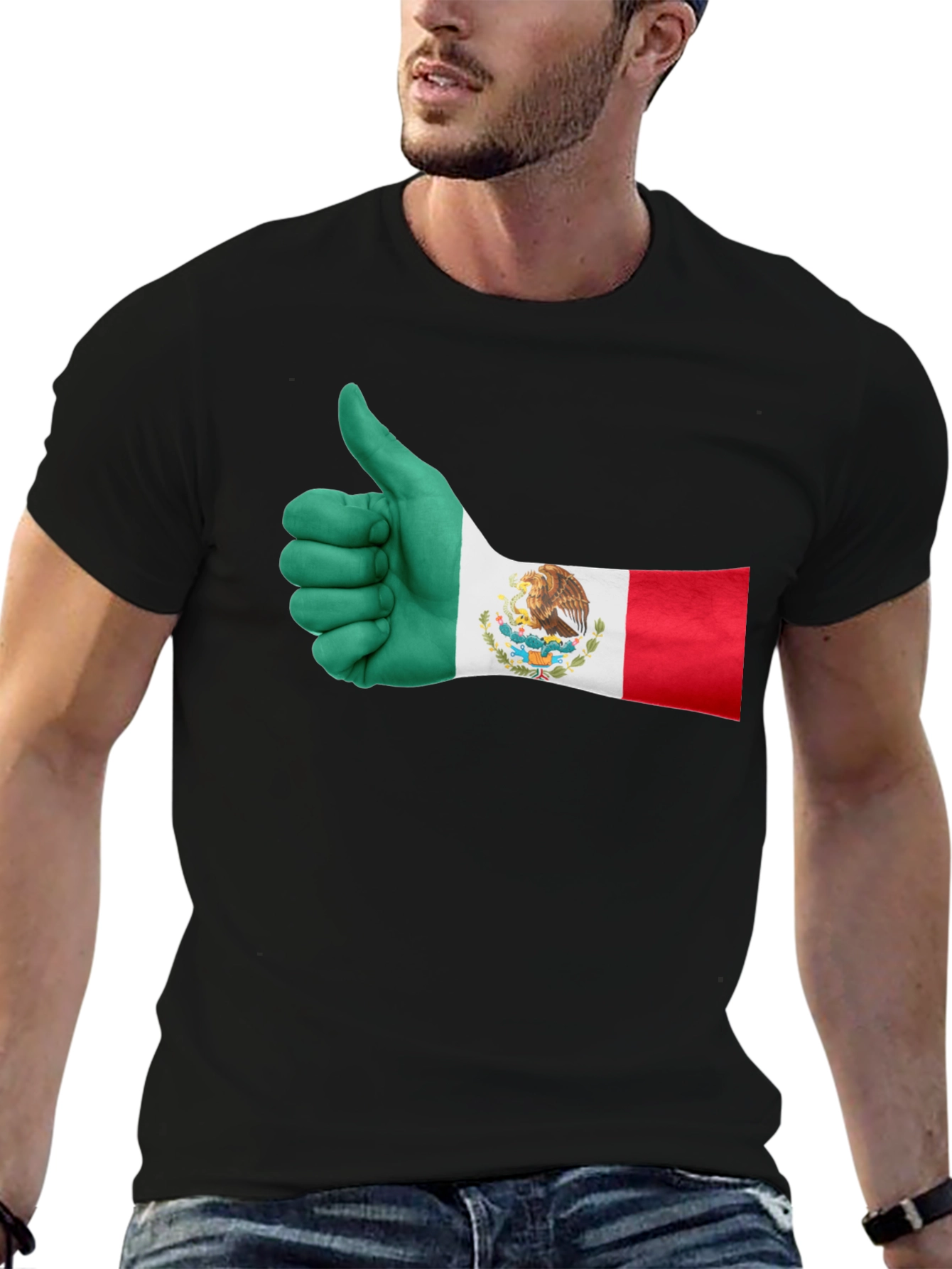 Mexico Flag Thumbs Up T-Shirt - Black Cotton Tee