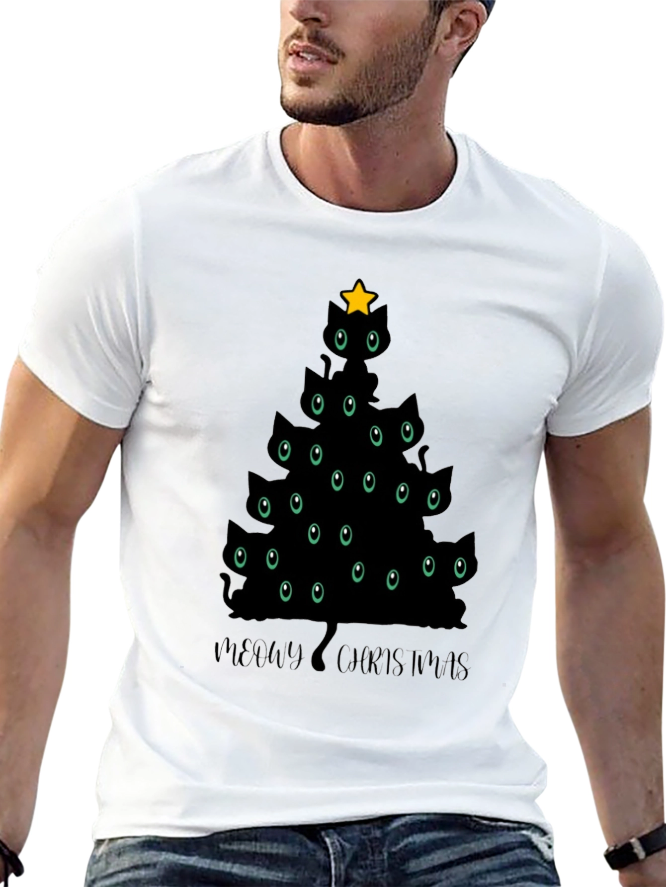 Meowy Christmas T-Shirt - Cat Christmas Tree