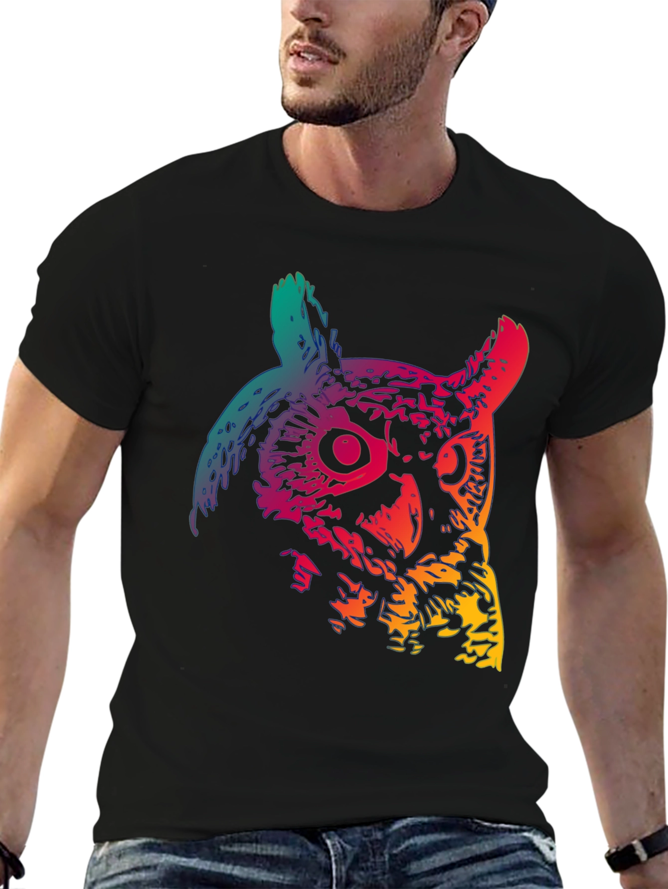 Rainbow Owl Graphic Print Black T-Shirt