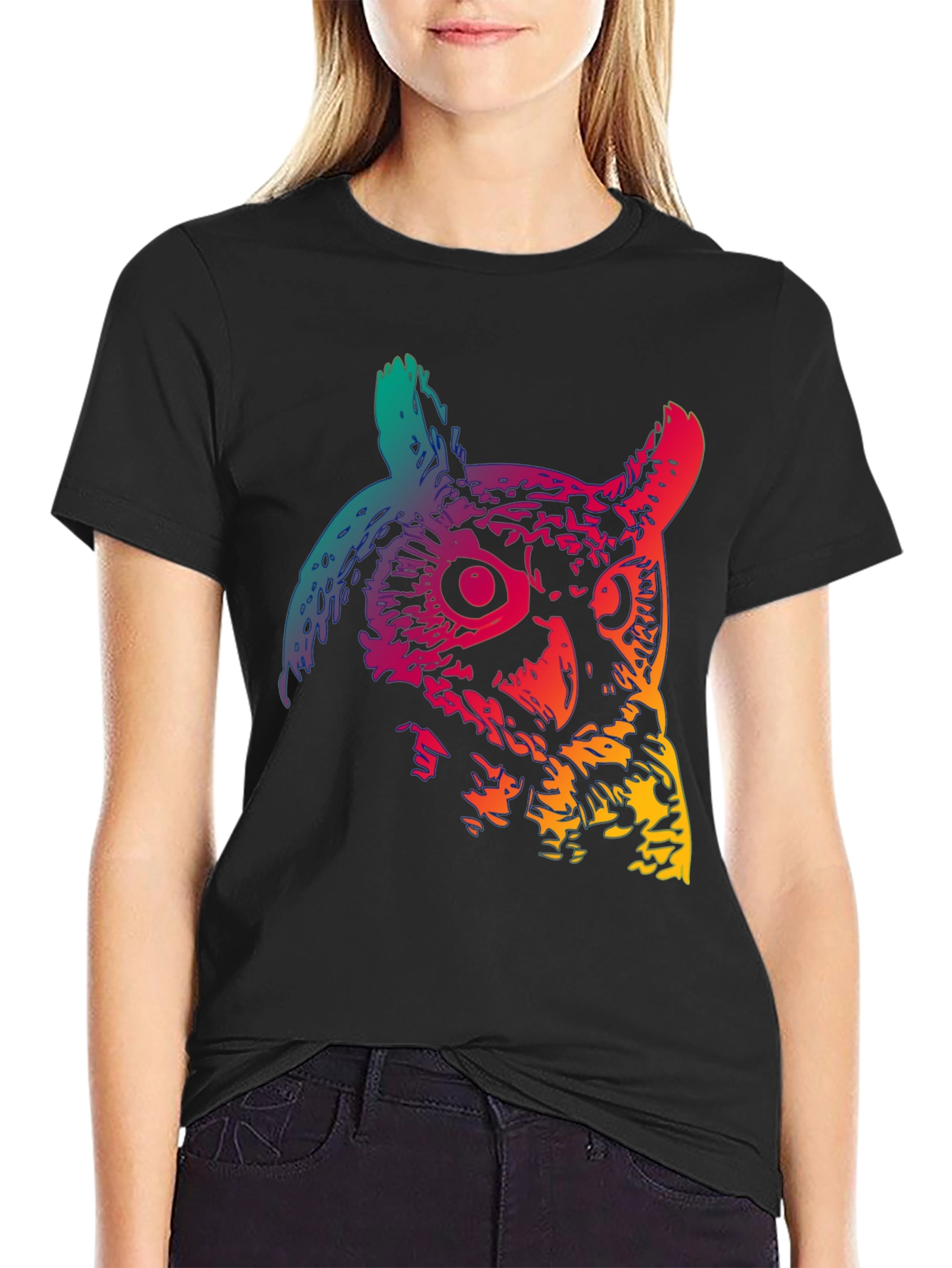 Rainbow Owl Graphic Print Black T-Shirt