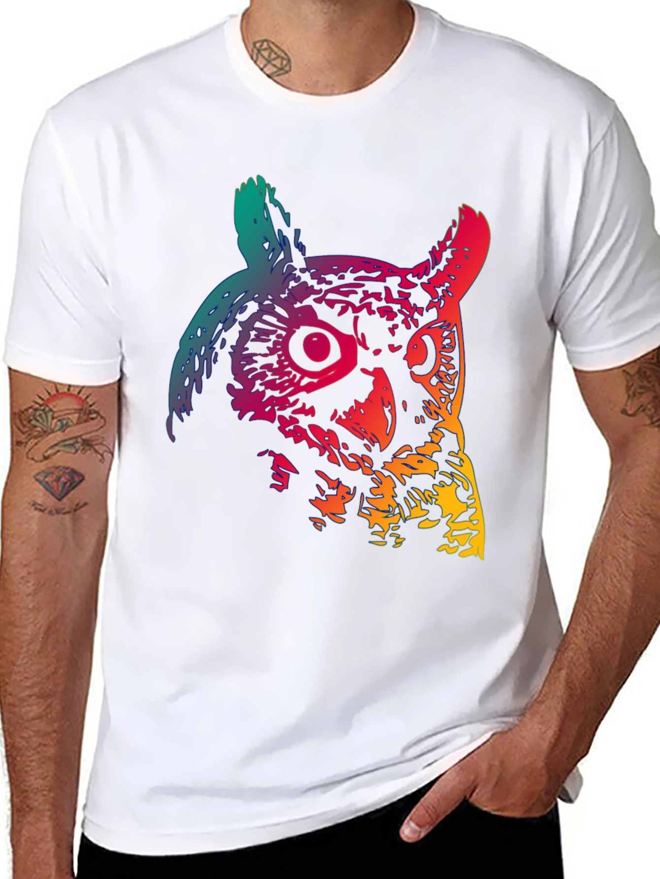 Rainbow Owl Graphic Print Black T-Shirt
