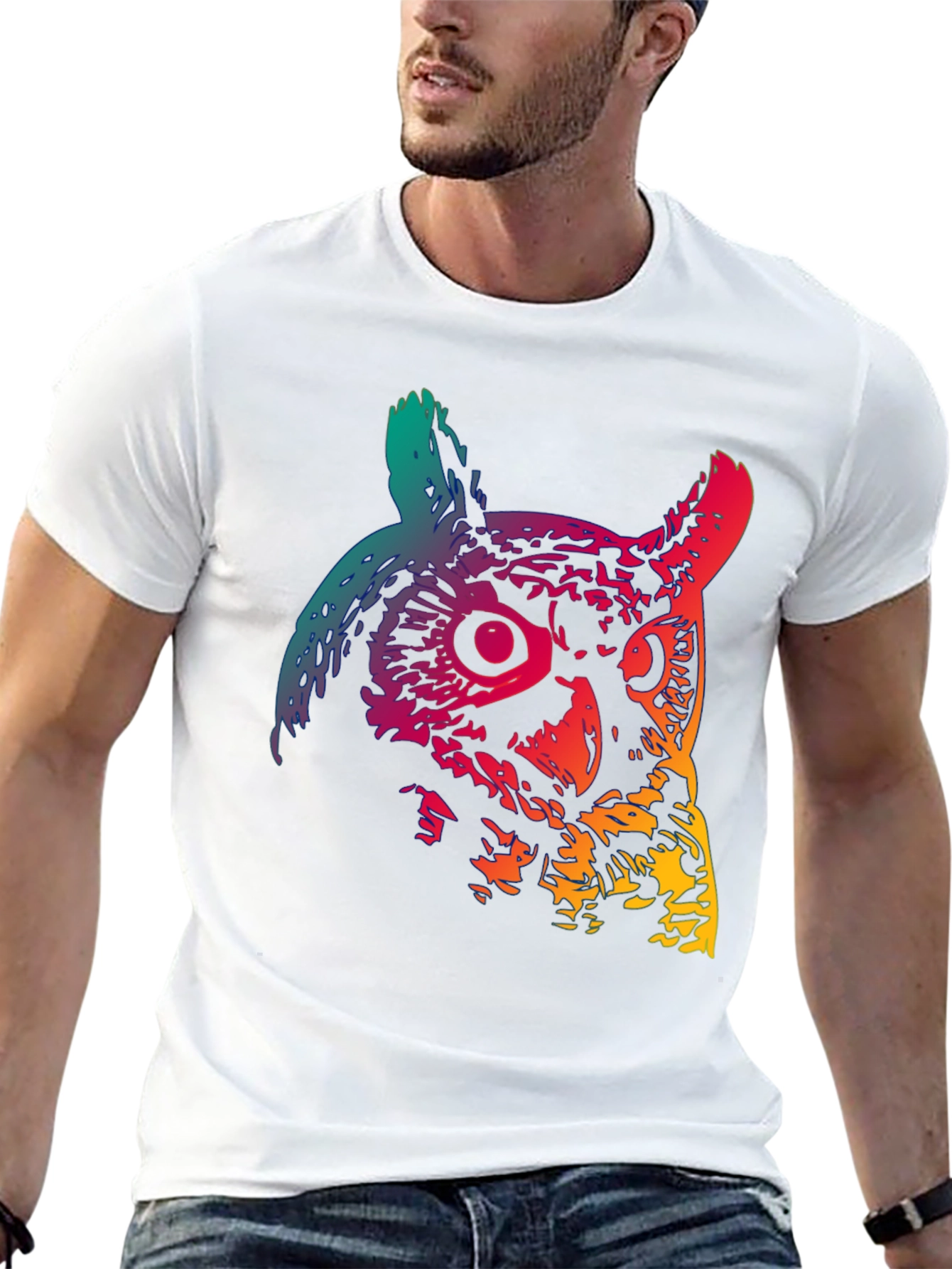 Rainbow Owl Graphic Print Black T-Shirt