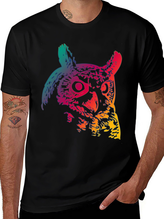 Rainbow Owl Graphic Print Black T-Shirt