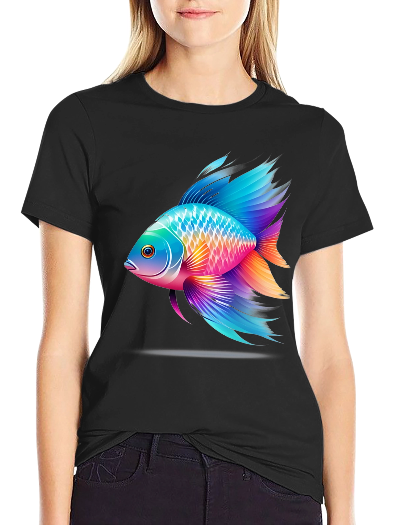 Vibrant Fish Graphic T-Shirt - Black Cotton Blend