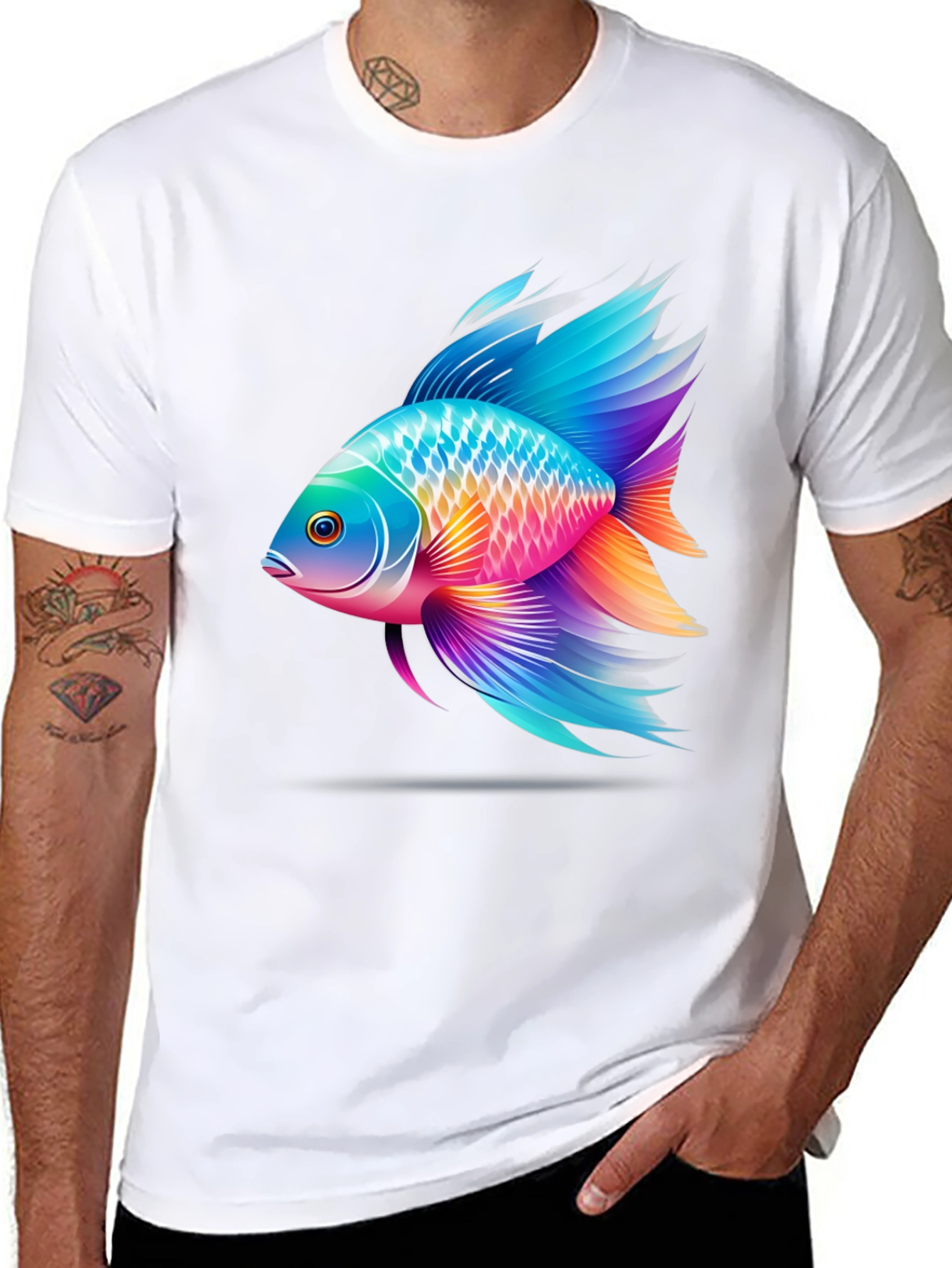 Vibrant Fish Graphic T-Shirt - Black Cotton Blend