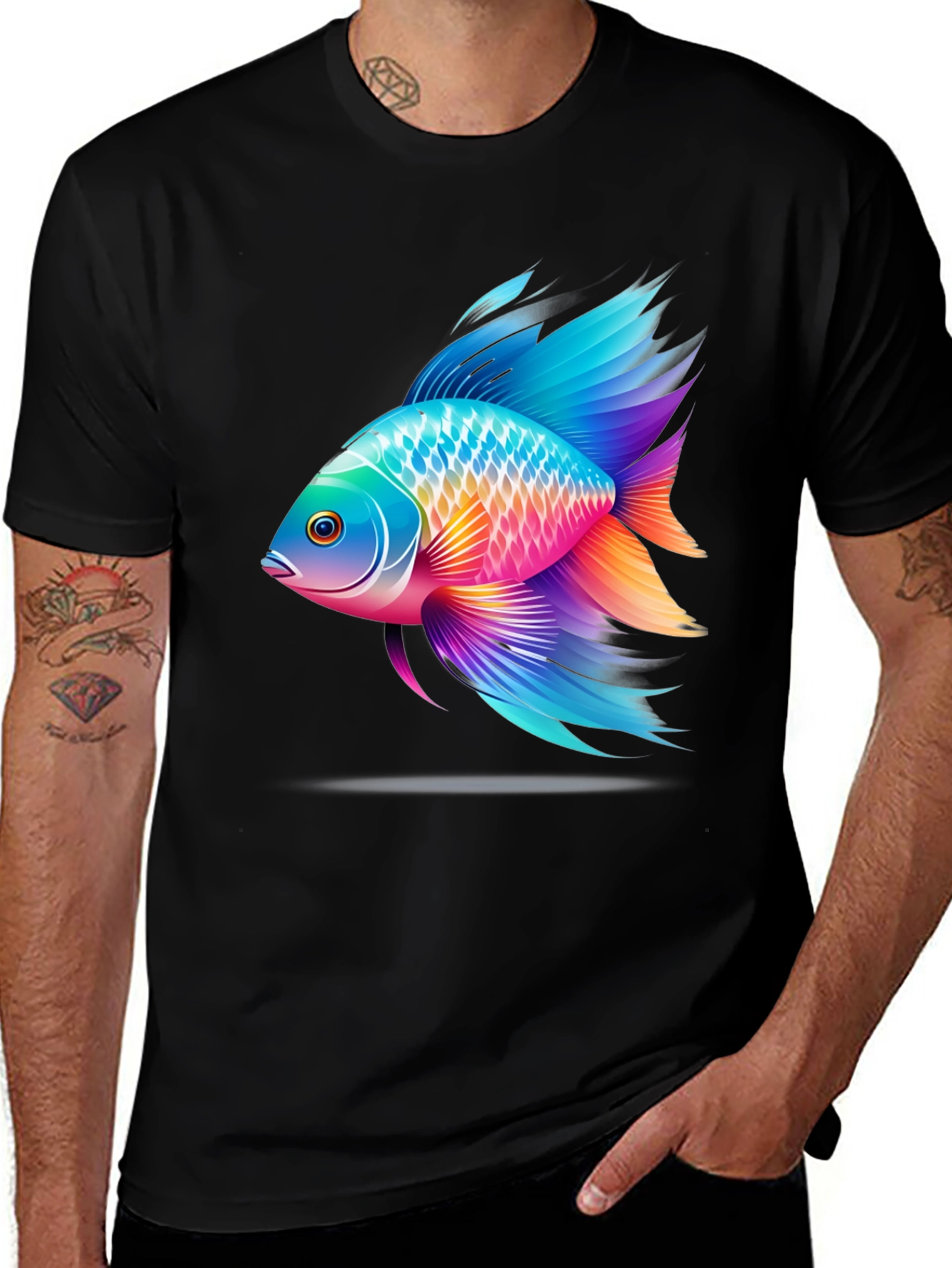 Vibrant Fish Graphic T-Shirt - Black Cotton Blend