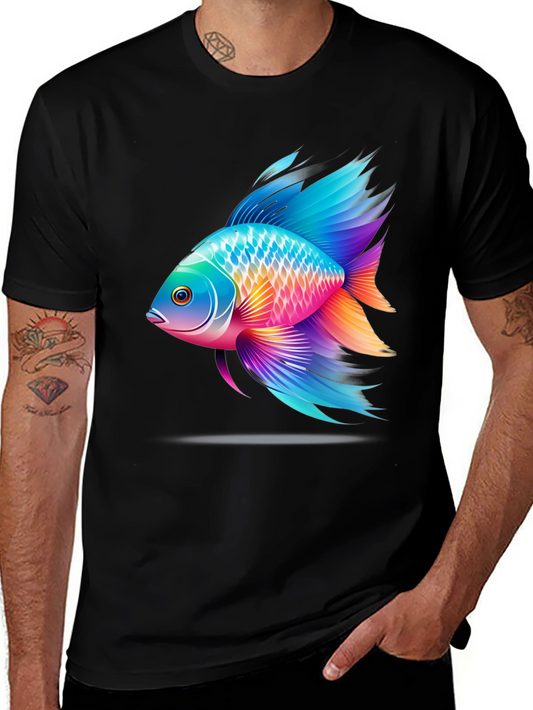 Vibrant Fish Graphic T-Shirt - Black Cotton Blend