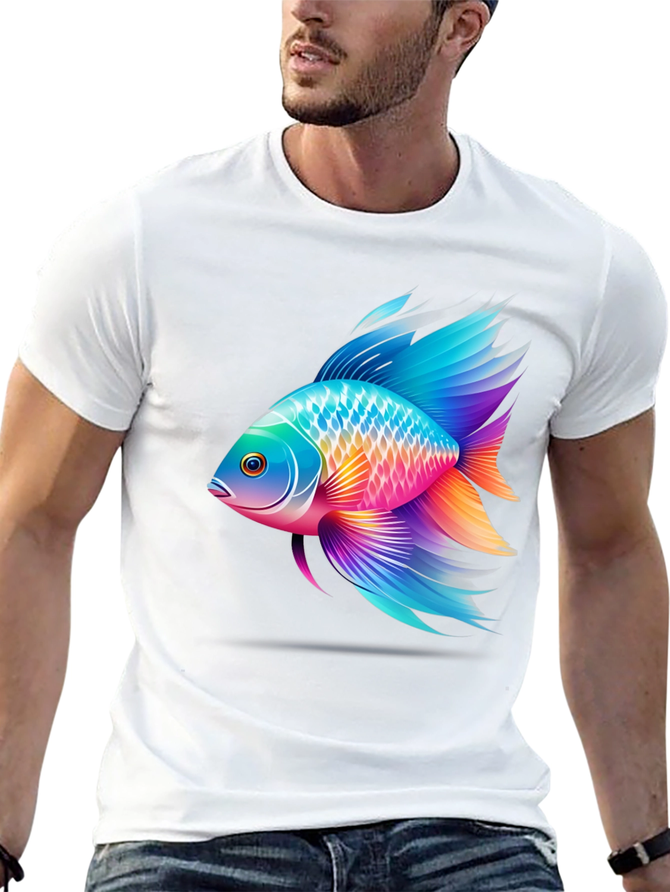 Vibrant Fish Graphic T-Shirt - Black Cotton Blend