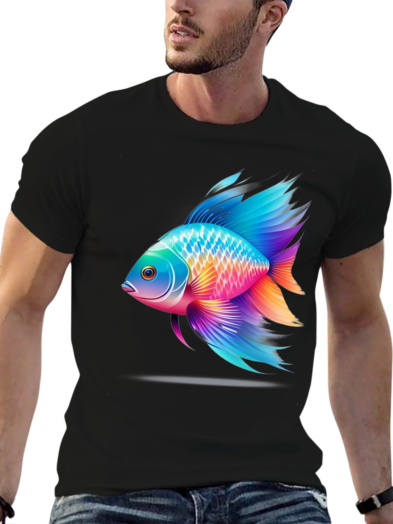 Vibrant Fish Graphic T-Shirt - Black Cotton Blend