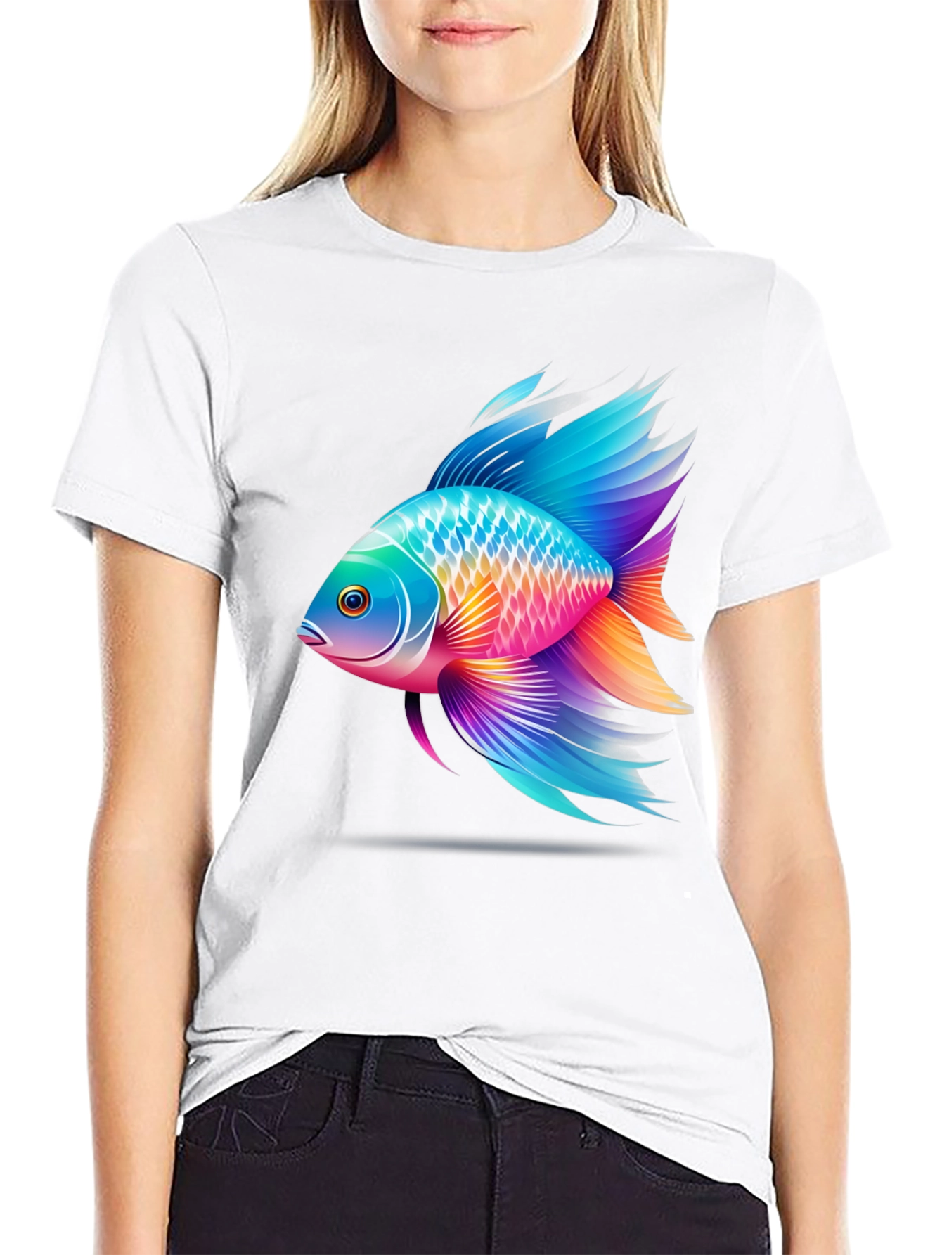 Vibrant Fish Graphic T-Shirt - Black Cotton Blend
