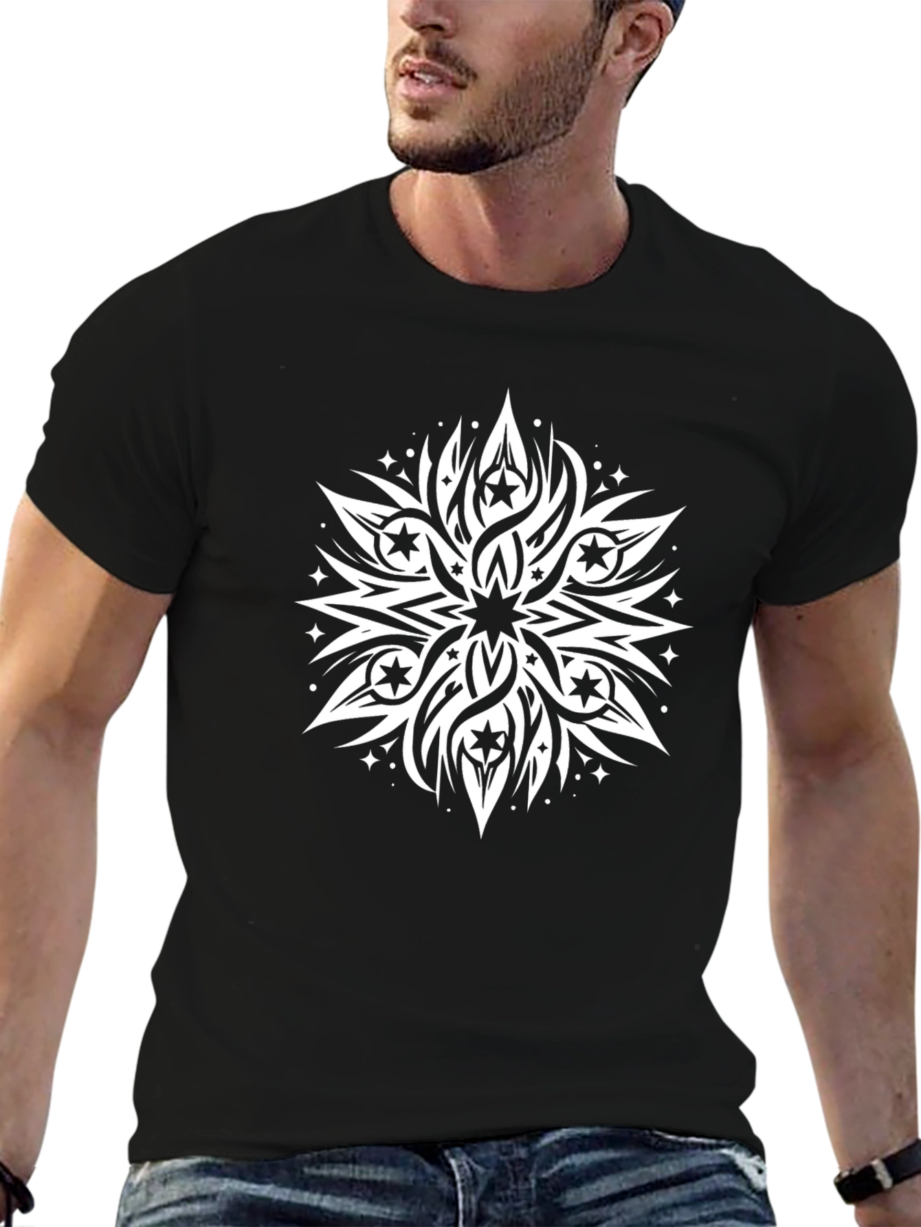 Black T-Shirt with White Starburst Design