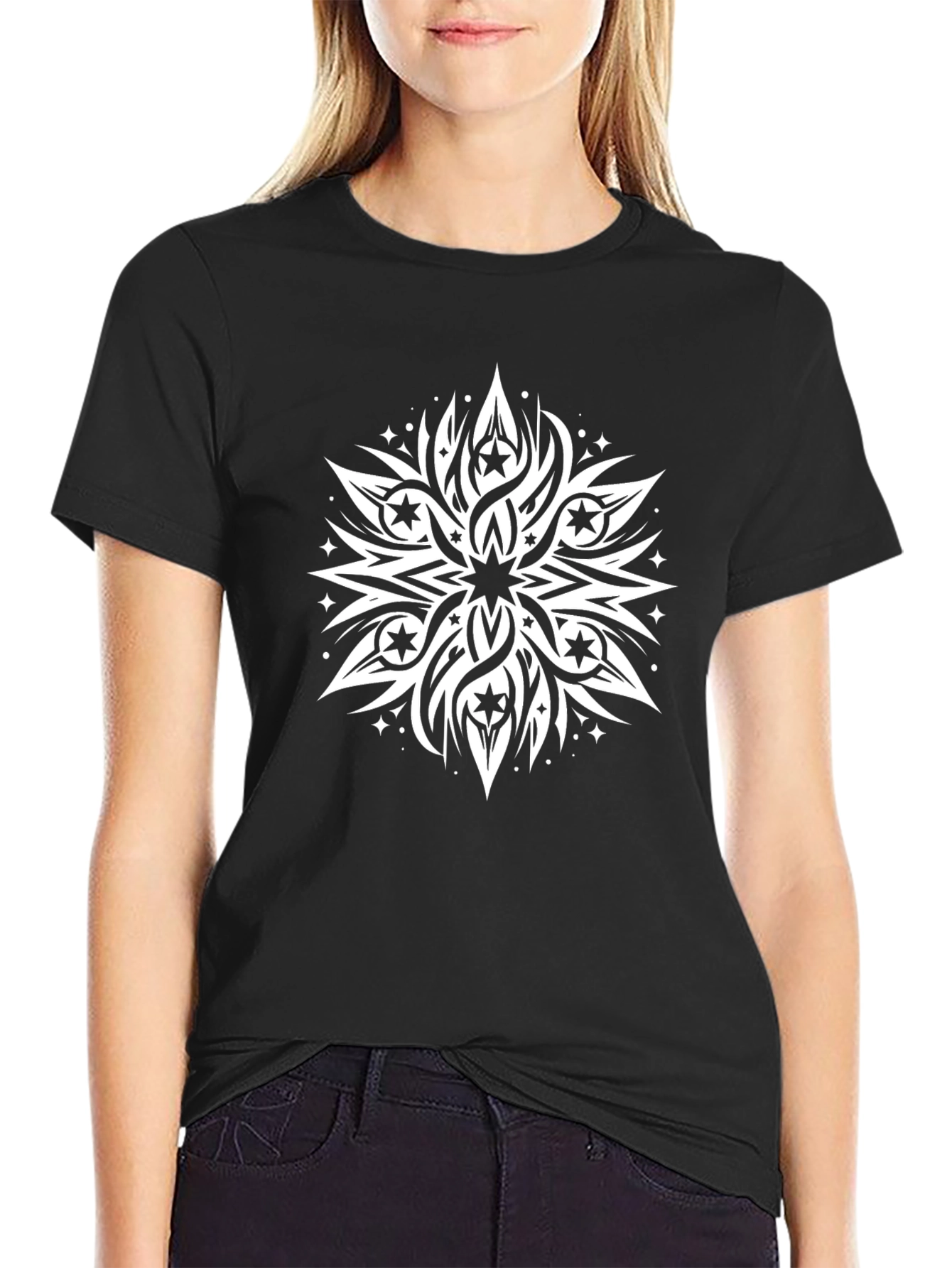Black T-Shirt with White Starburst Design