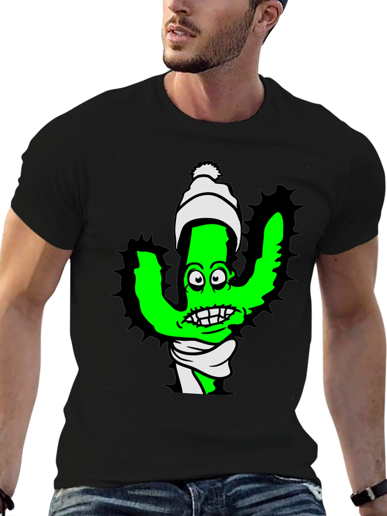 Cartoon Cactus T-Shirt - Quirky Green Plant Tee