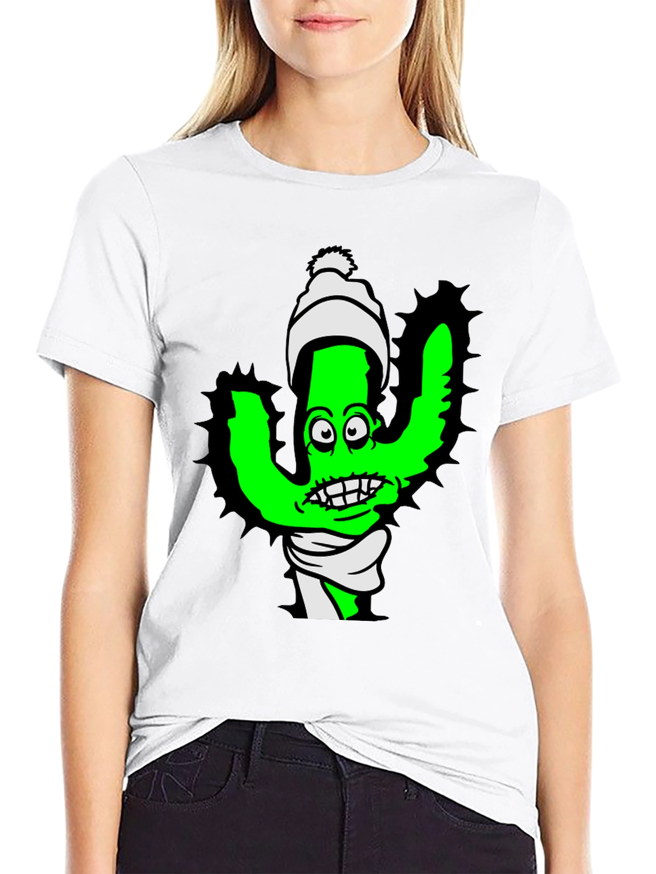 Cartoon Cactus T-Shirt - Quirky Green Plant Tee