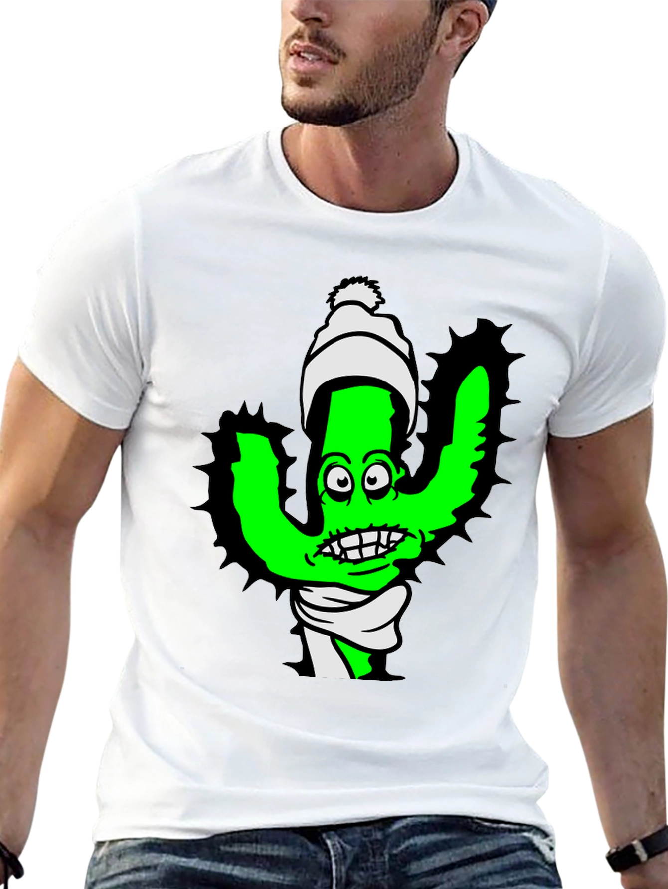 Cartoon Cactus T-Shirt - Quirky Green Plant Tee
