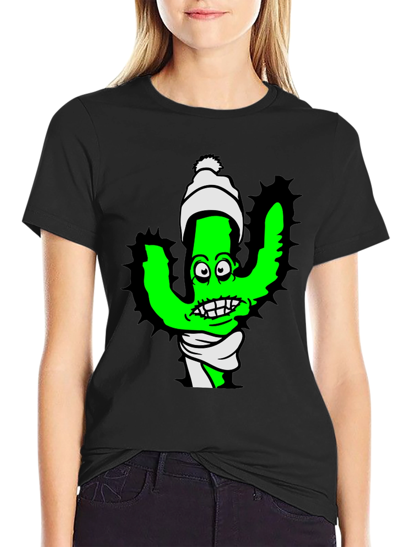 Cartoon Cactus T-Shirt - Quirky Green Plant Tee